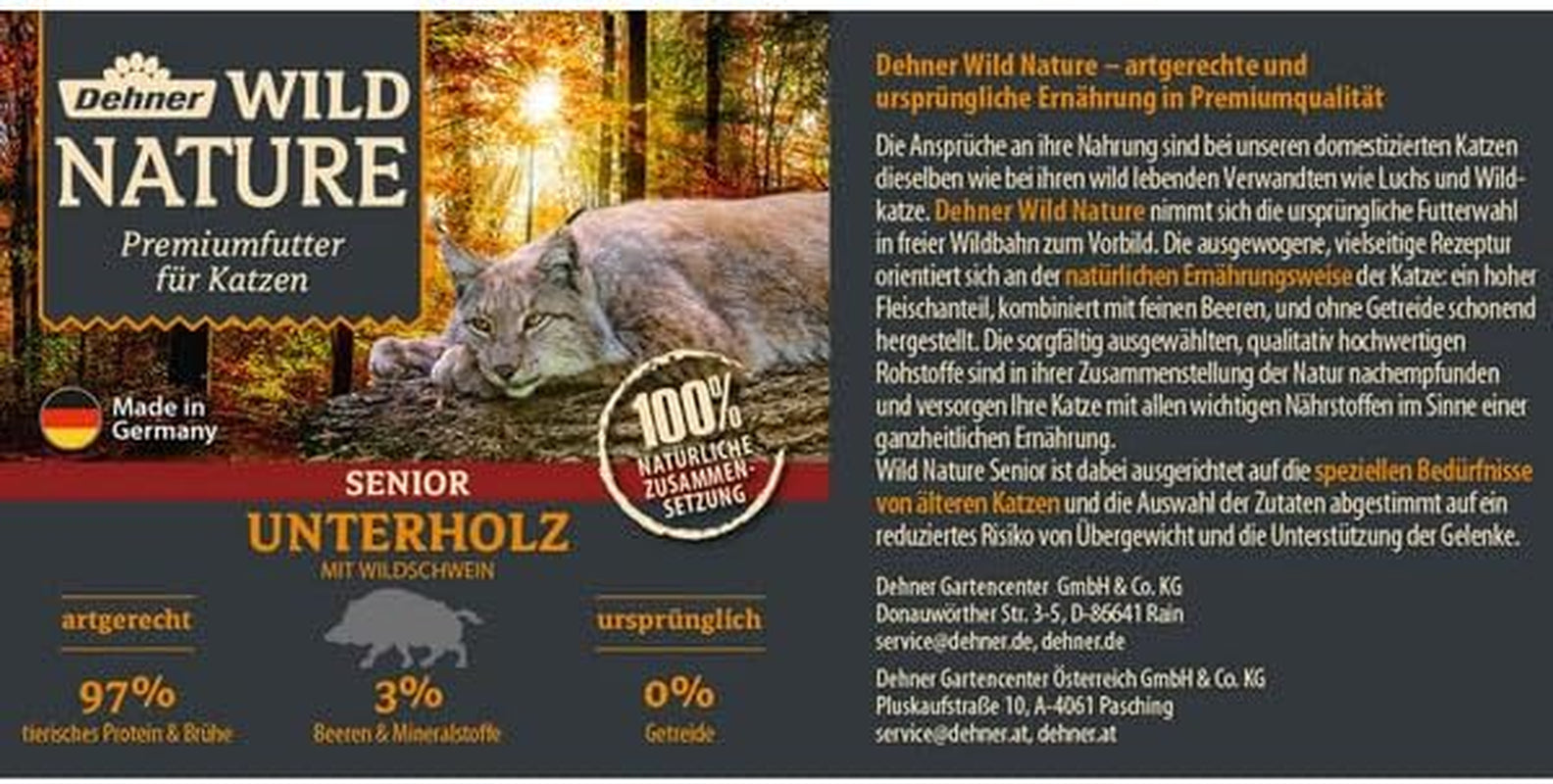 Dehner Wild Nature Katzenfutter Unterholz, Nassfutter getreidefrei / zuckerfrei, für ältere Katzen, Wildschwein, 6 x 400 g Dosis, (2,4 kg)