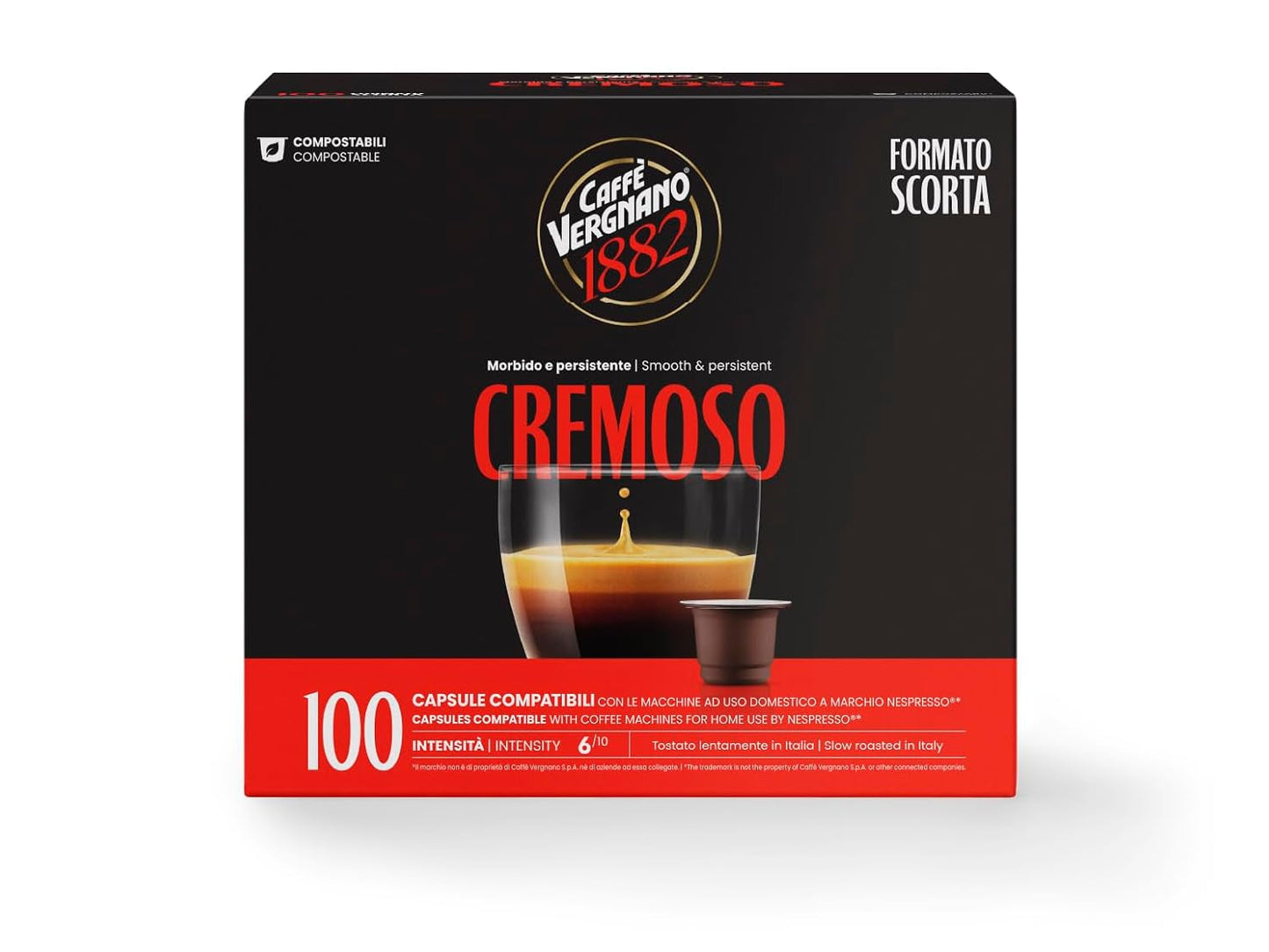Caffè Vergnano 1882 - Èspresso komposterbar Kaffeekapsel, kompatibel med Nespresso, Cremoso (cremet) - Packung Enthälts 100 Kapseln