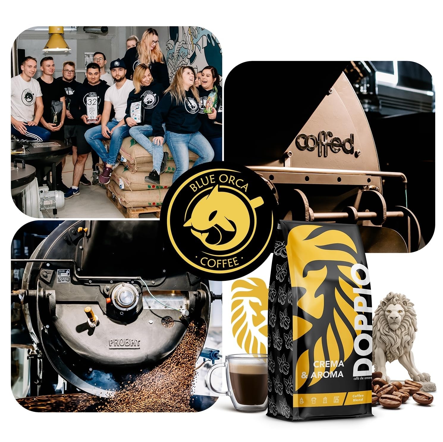 Doppio Creme & Flavor 1KG | Kaffebønner 80% Arabica og 20% ​​Robusta | med noter af kakao, nødder og karamel | Frisk og mellemstegt, lav surhedsgrad | til espresso | Blå spækhugger kaffe