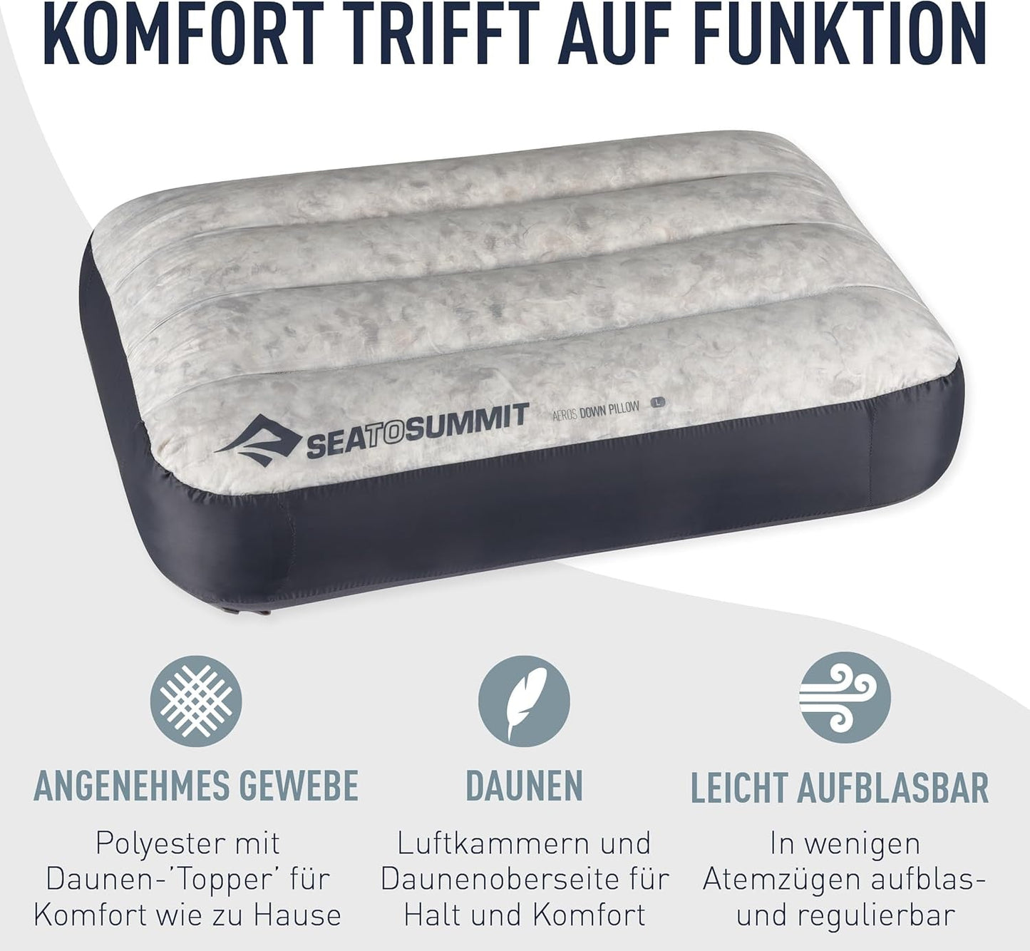 Sea to Summit - Eros dunrejsepude L - Ultralet og oppustelig - 10D materiale - Premium dunpude - Skridsikker - Til vandring og camping - 42 X 28 X 12 Cm - Grå - 95 G Naty Shop rejsepuder