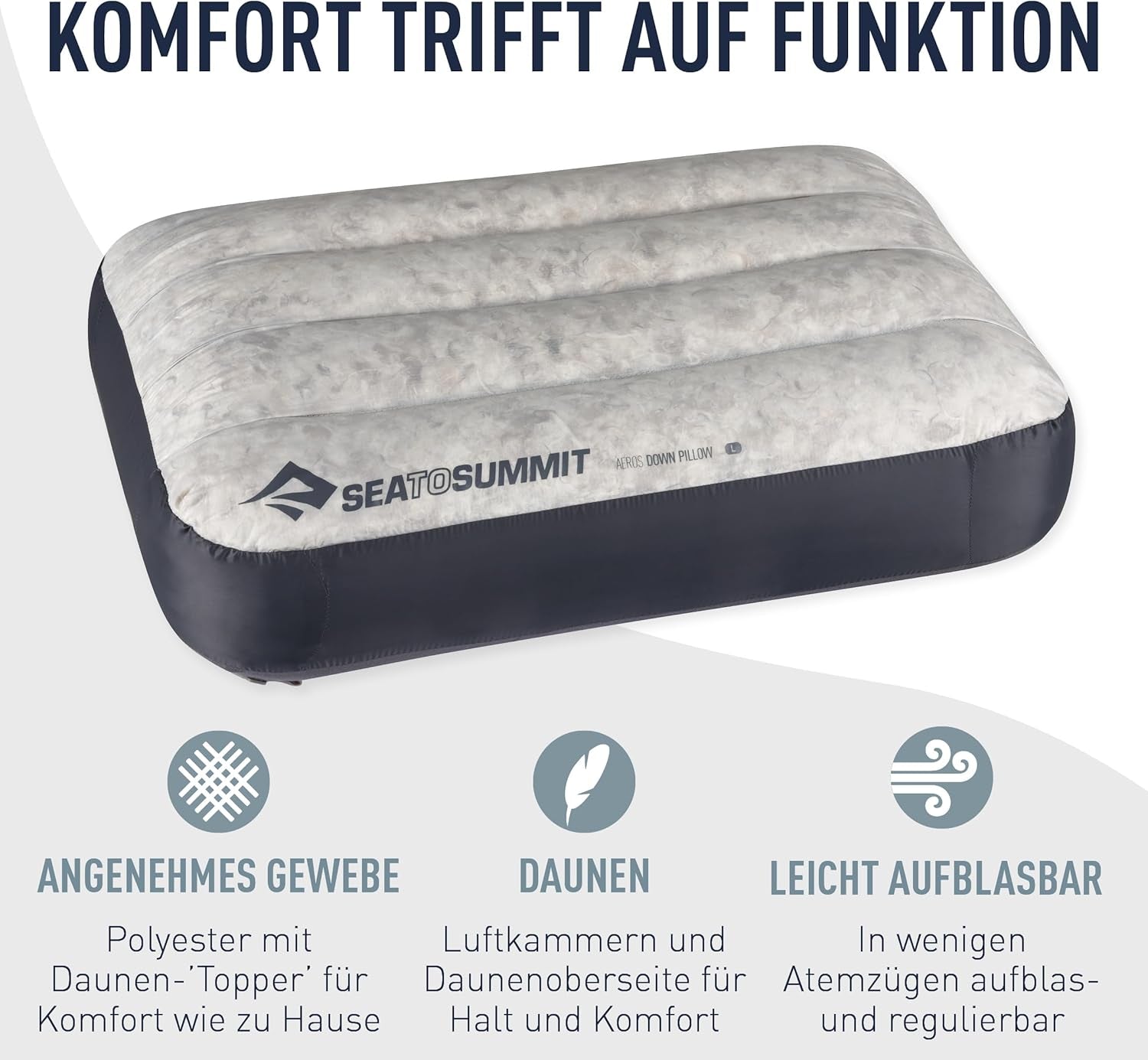 Sea to Summit - Eros dunrejsepude L - Ultralet og oppustelig - 10D materiale - Premium dunpude - Skridsikker - Til vandring og camping - 42 X 28 X 12 Cm - Grå - 95 G Naty Shop rejsepuder