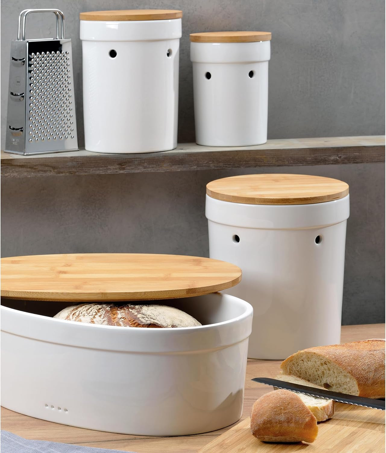 Kela brødkasse med ventilationshuller, keramisk brødkasse, SALENA, brødskål, hvid, 36,5 x 23,5 x 14 cm Madkasser Naty Shop