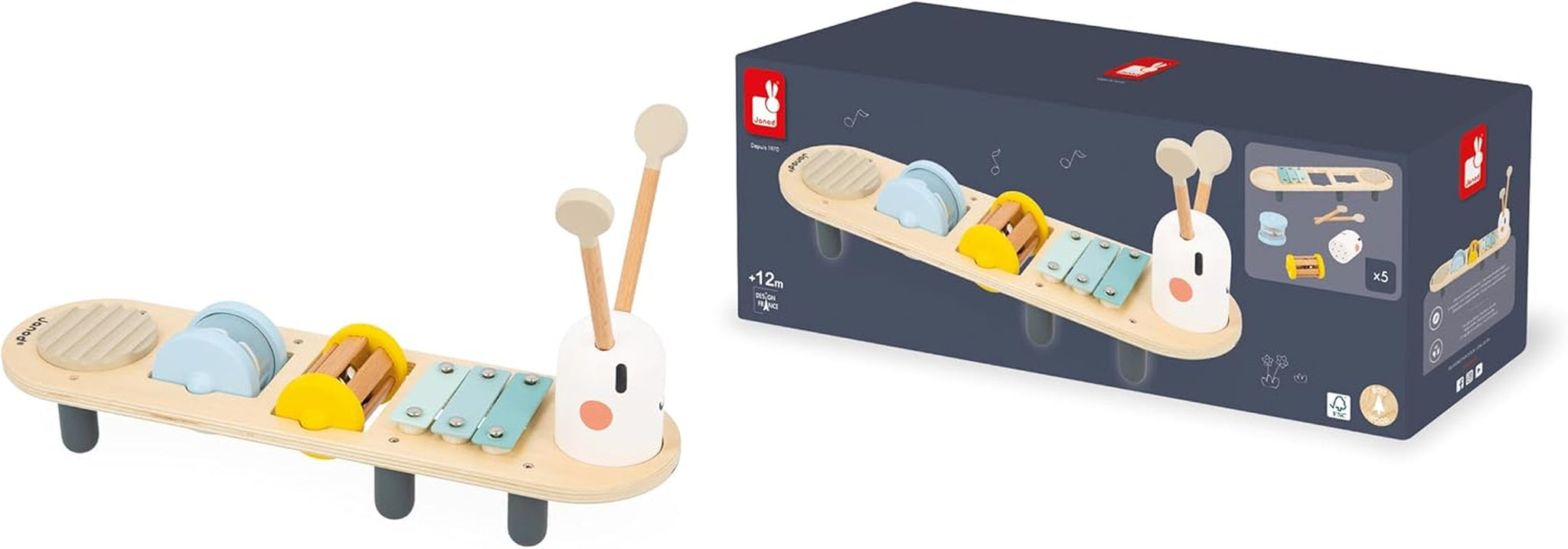 Janod - Sweet Cocoon musiknumre - 5 musikalske aktiviteter for børn - Tidlig musikalsk uddannelse - FSC trælegetøj - Fra 12 måneder, J04058 Baby Toys Naty Shop
