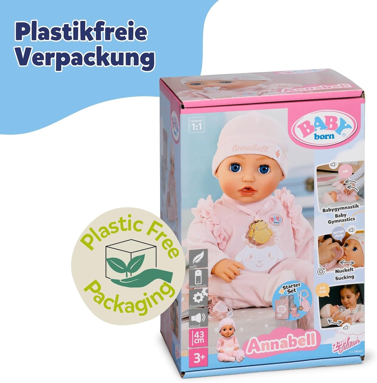 BABY Born Annabell 43 cm - Blød dukke med 7 elektroniske funktioner og lyd - Velegnet til børn fra 3 år og opefter - Dukken inkluderer tilbehør - Kræver batterier