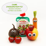 FRECHE FREUNDE Økologisk frugtpose, der kan presses sammen med æbler, jordbær, rødbeder og gulerod, frugt- og grøntsagspuré i en pressepose til babyer fra 6 måneder, vegansk, pakke med 6 (6 x 100 g)