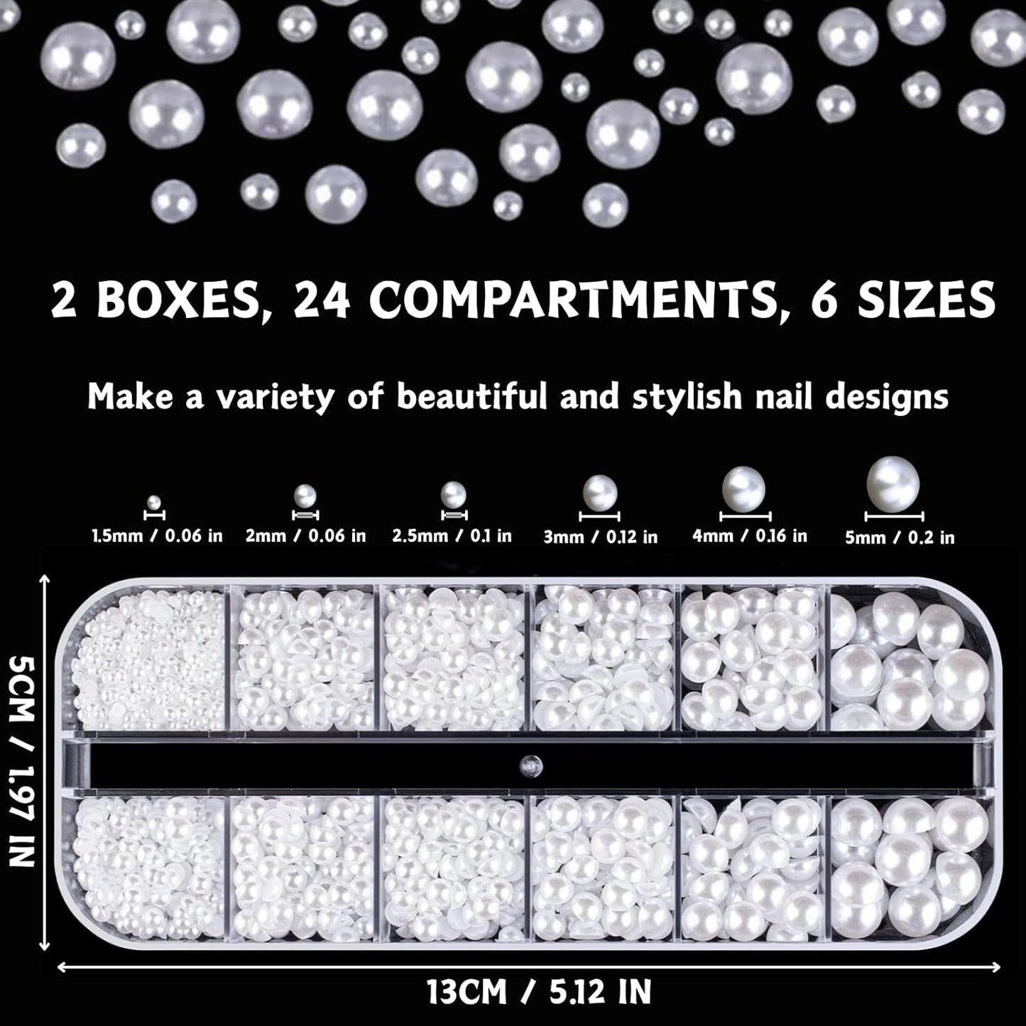 12 Größen Nail Art Perlen, Flache Perlen, Nail Art Accessoires, Halbkreis Nagelperlen, Weiße Nail Charms Und Glitzersteine ​​Nägel Für Nail Art Design, DIY Basteln, Alltag, Hochzeit (2 kasser)