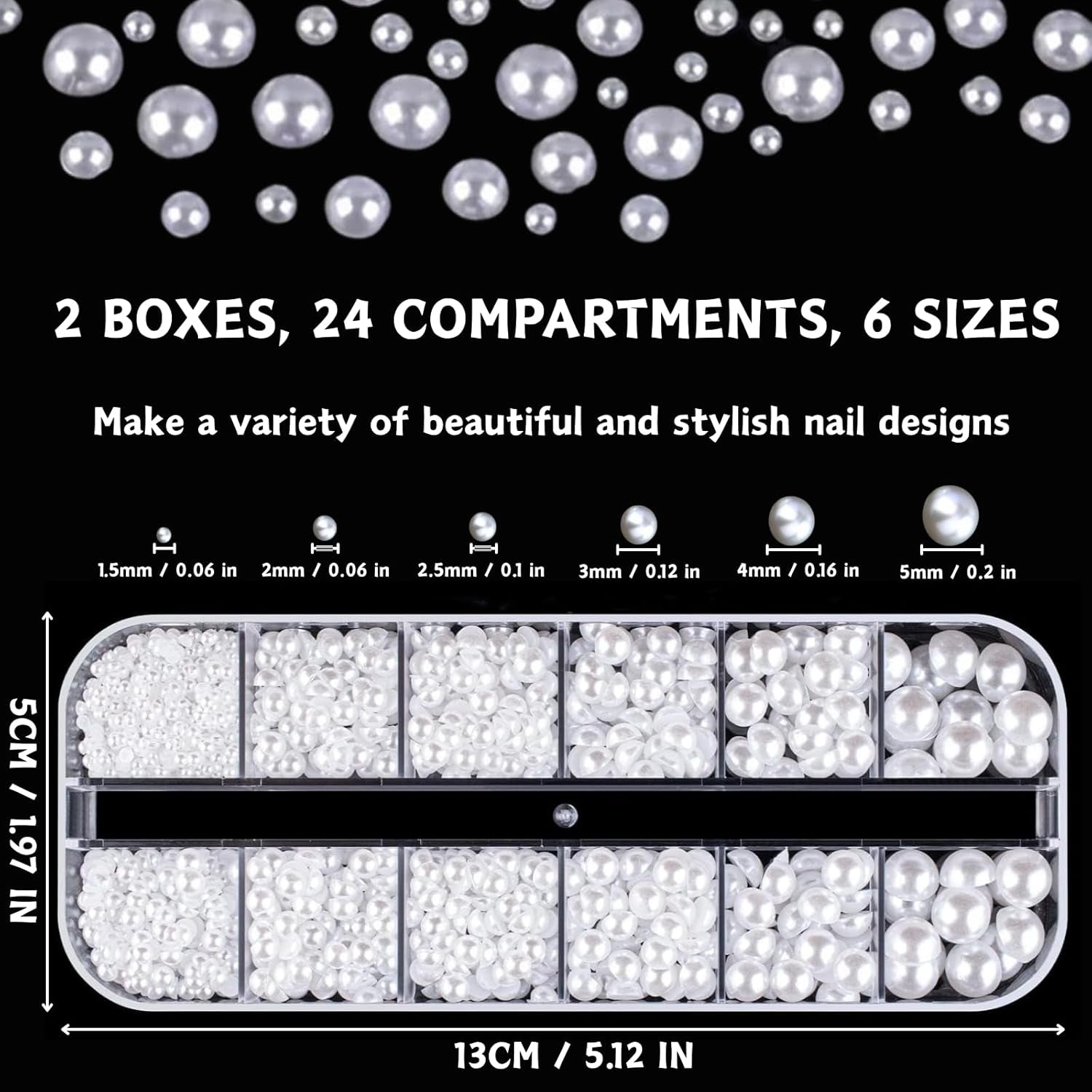 12 Größen Nail Art Perlen, Flache Perlen, Nail Art Accessoires, Halbkreis Nagelperlen, Weiße Nail Charms Und Glitzersteine ​​Nägel Für Nail Art Design, DIY Basteln, Alltag, Hochzeit (2 kasser)