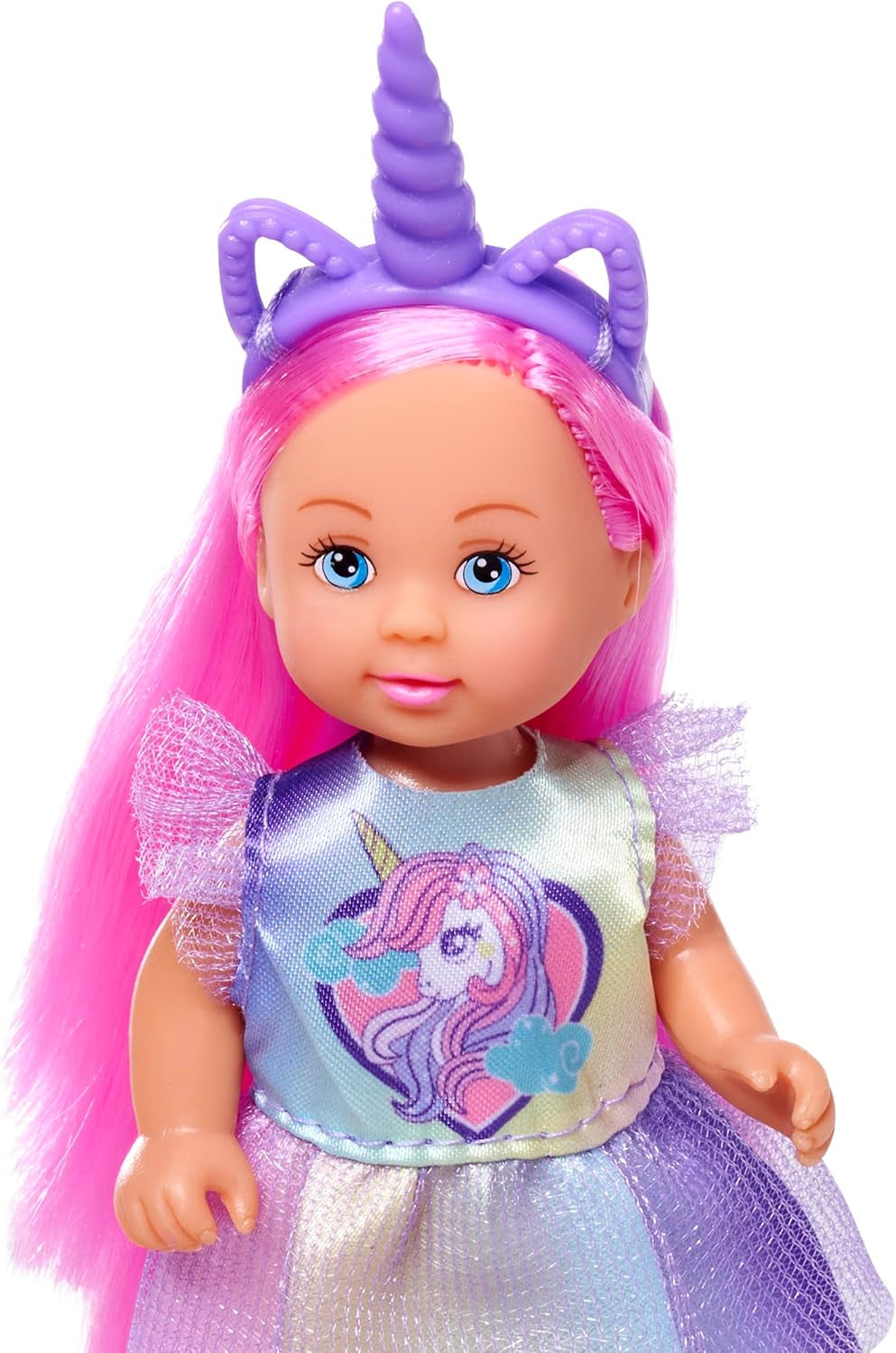Simba Evi Love Unicorn Play Doll iført en sød enhjørningskjole med matchende pandebånd, inklusive en enhjørning med stald, æbler og en drikkedunk, 12 cm, i alderen 3+