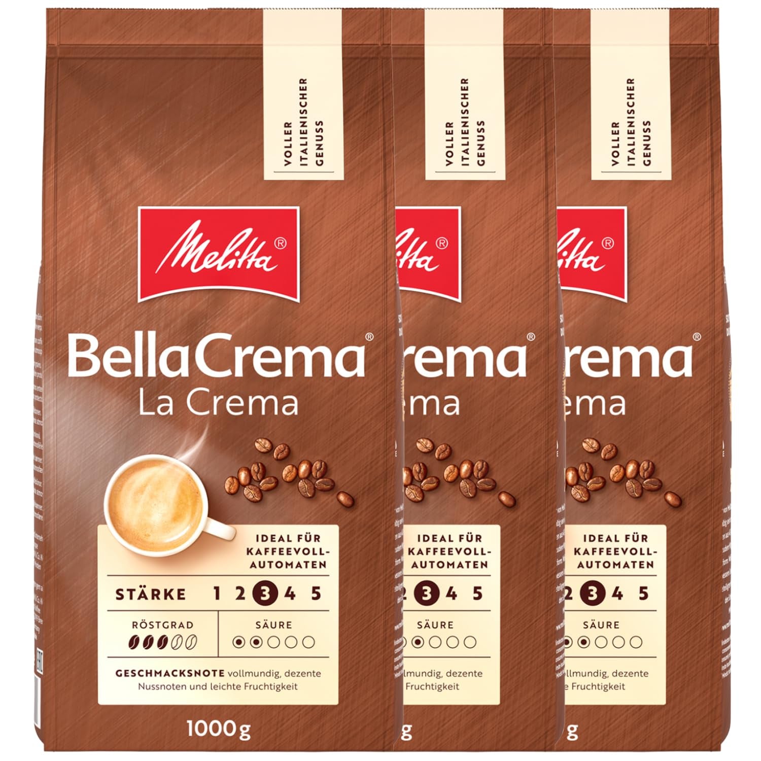 3 Melitta BellaCrema La Crema kaffebønner, mellemristet, 1 kg hver