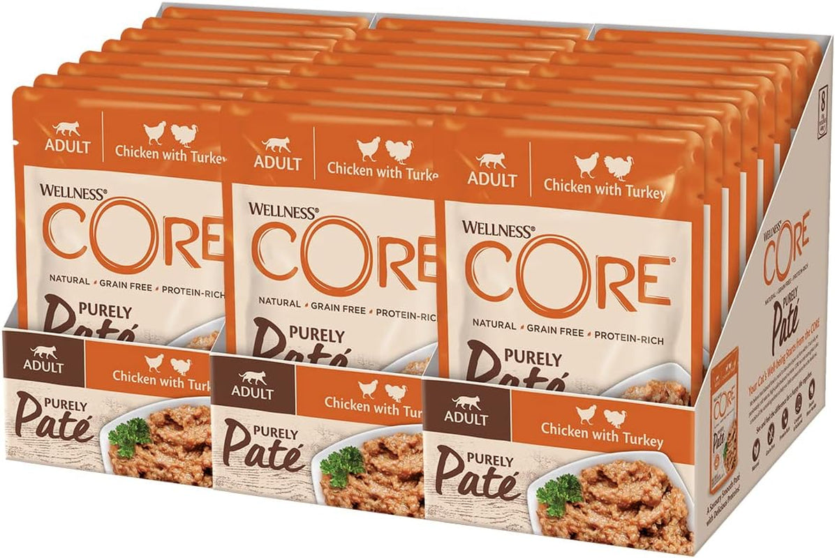 Wellness CORE Purely Paté 24 x 85g, Kylling og Kalkun - Vådfoder til katte, fin paté, kornfri, naturlig, allergivenlig, højt proteinindhold, højt indhold af kød