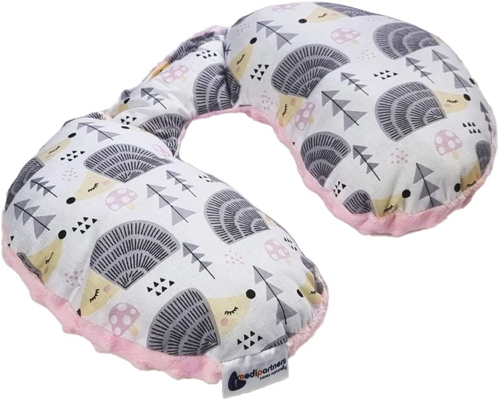 Medi Partners Baby Nakkepude Nakkestøtte 100% Bomuld / Minky Baby Nakkepude til Bilvogn Rejser Søvn Nakkepude Snooze Roll (REH med Grå Minky) Cervikale ortopædiske puder Naty Shop Hedgehog Grå med Minky Lys Pink