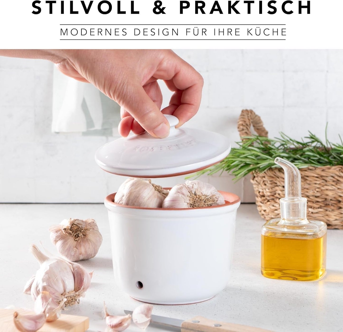 Römertopf Fresh Pot MINI 0,6 liter - Keramisk hvidløgsgryde - Åndbart ler holder grøntsager friske i længere tid - Ideel luftcirkulation - Hvide madkasser Naty Shop