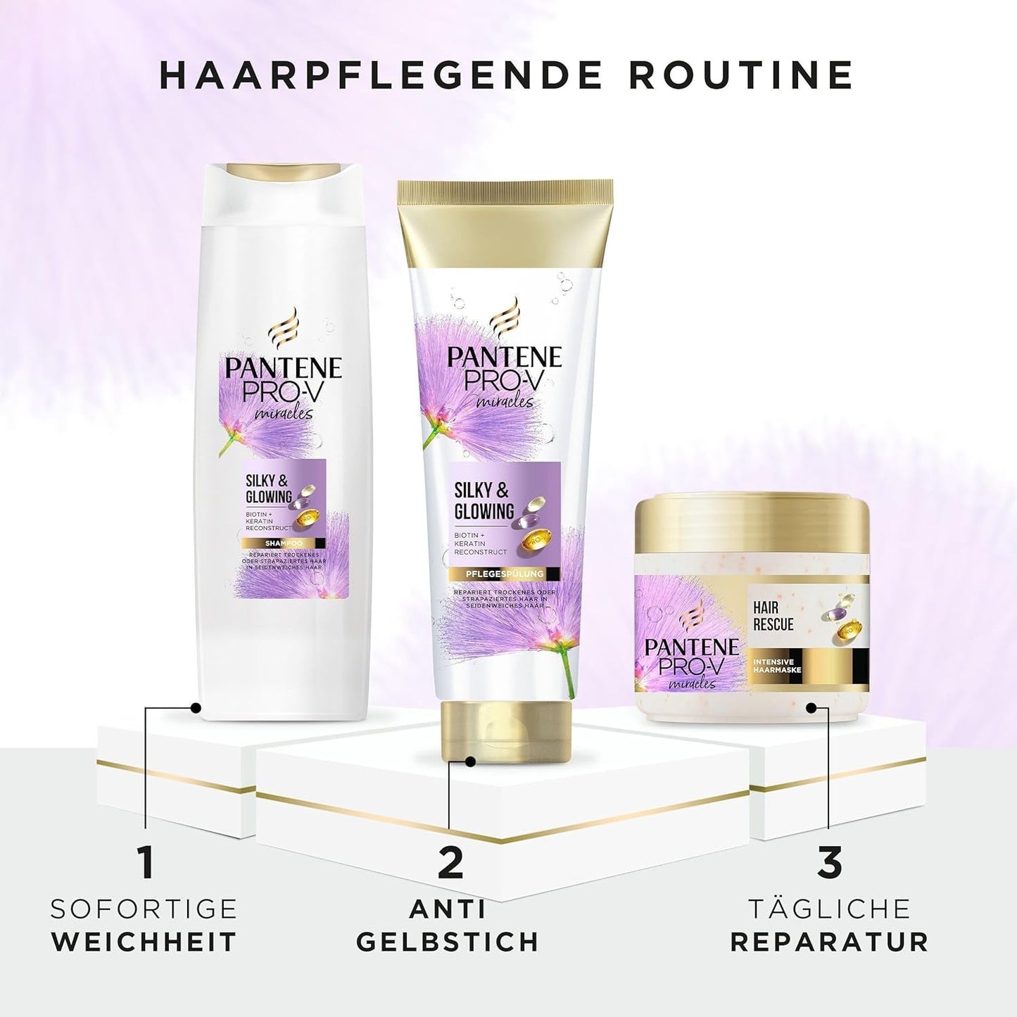 Pantene Pro-V Silky & Glowing Hair Rescue intensiv hårmaske med Biotin og Keratin Reconstruct 300ml. Hjælper med at reparere tørt, beskadiget eller fremhævet hår Naty Shop Hair Mask