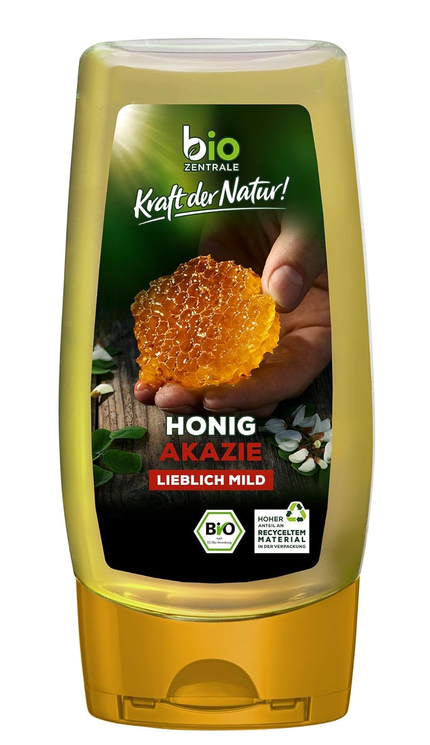 Biozentrale Økologisk akaciehonning | 350 g Økologisk honning fra hvide akacieblomster | Ideel som smørepålæg Økologisk honning til te | Alternativ til honningkagehonning (2-pak)