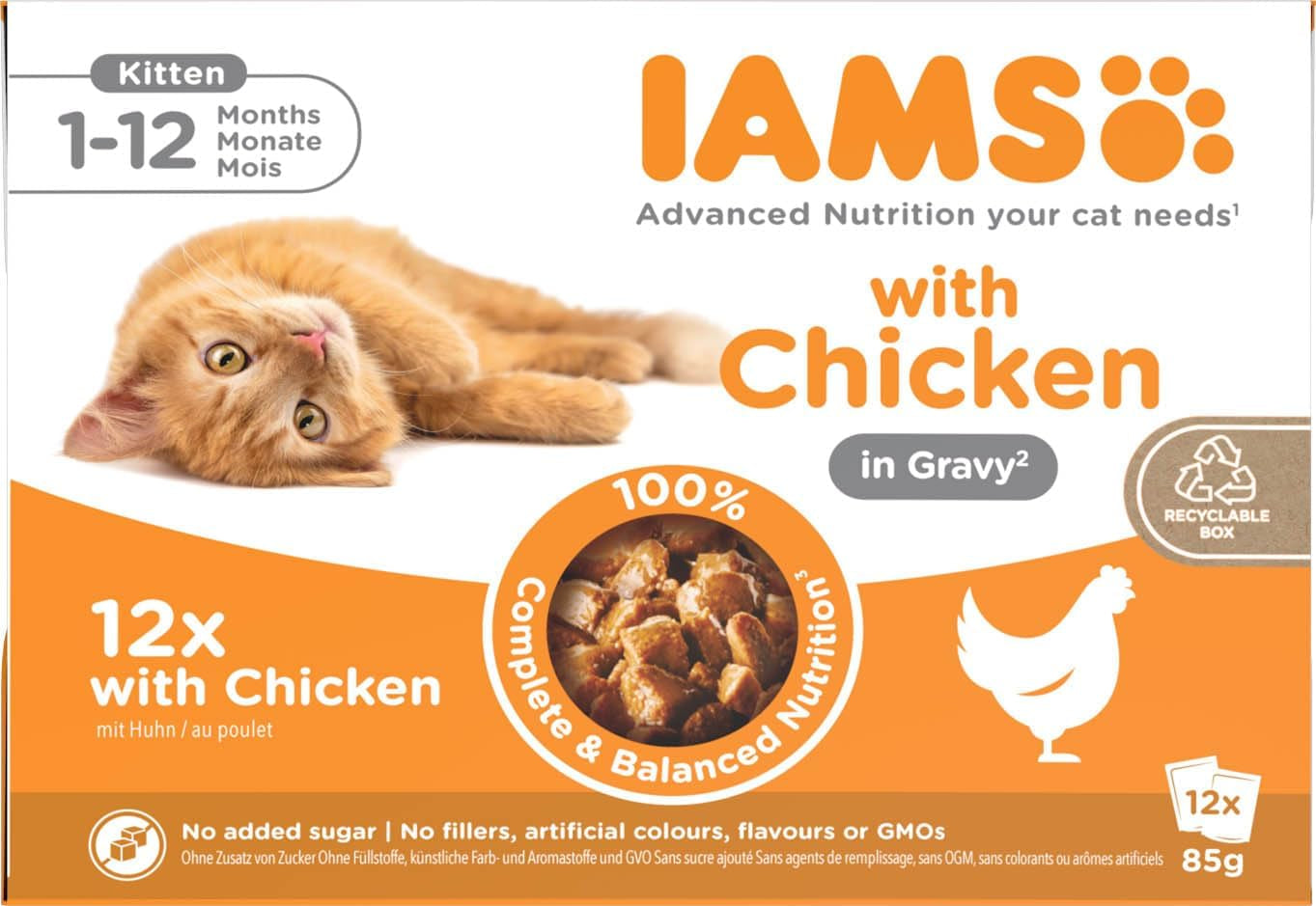 IAMS Delights Kitten Nassfutter - Multipack Katzenfutter mit Hunn i sauce, højkvalitets Futter for Junior Kätzchen af ​​1-12 Monate, 12 x 85 g