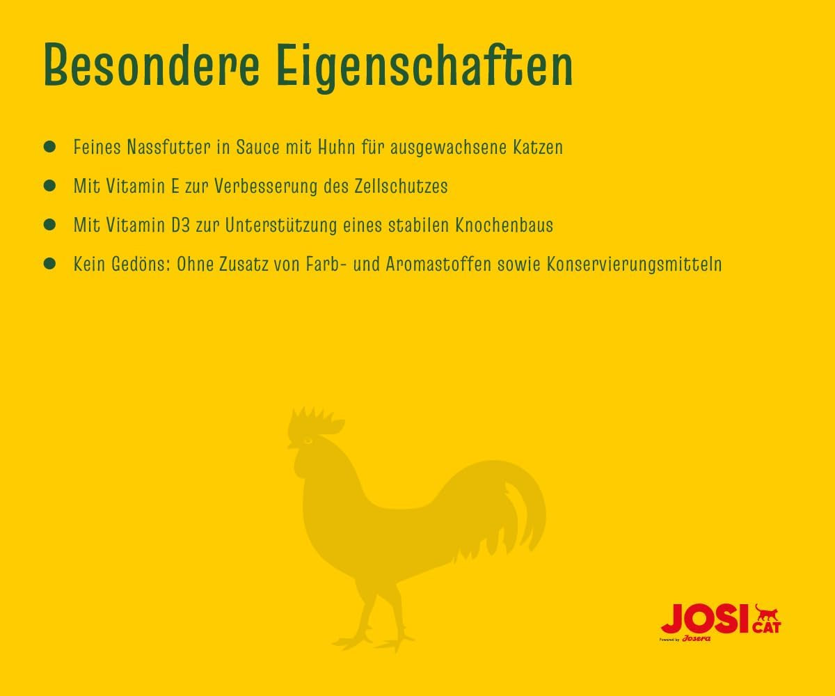 JosiCat Kylling i Sauce (12 x 415 g) | Voksen | Premium vådfoder til voksne katte | Kylling i sauce | Vitamin D3 og E | Drevet af JOSERA | Vådfoder til katte | Komplet mad | Pakke med 12