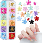 3D Flower Nail Charms, 12 Grids Akryl Resin Blomster og Guld Sølv Perler Neglesten, Flower Gel negle, Flower Negle dekorationer til kvinder og piger, DIY manicure tilbehør