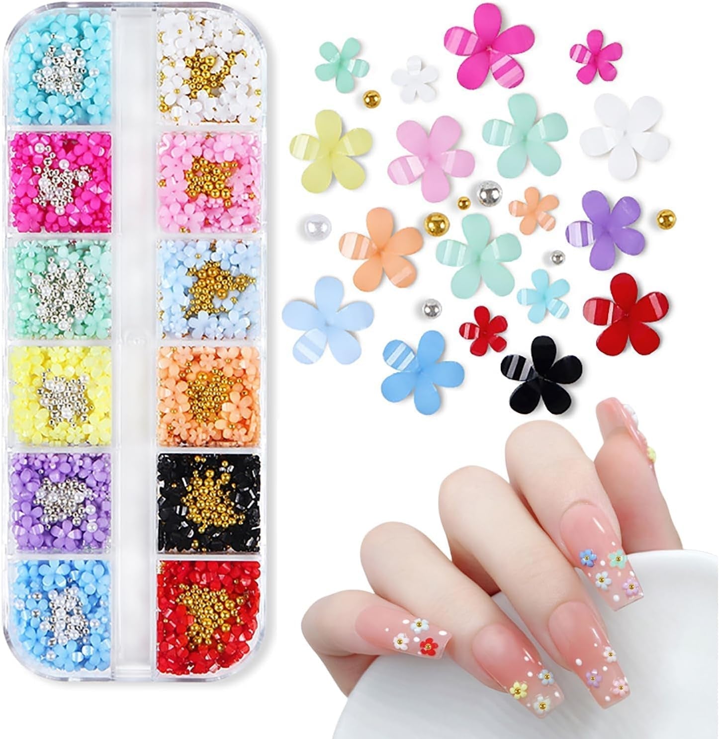 3D Flower Nail Charms, 12 Grids Akryl Resin Blomster og Guld Sølv Perler Neglesten, Flower Gel negle, Flower Negle dekorationer til kvinder og piger, DIY manicure tilbehør