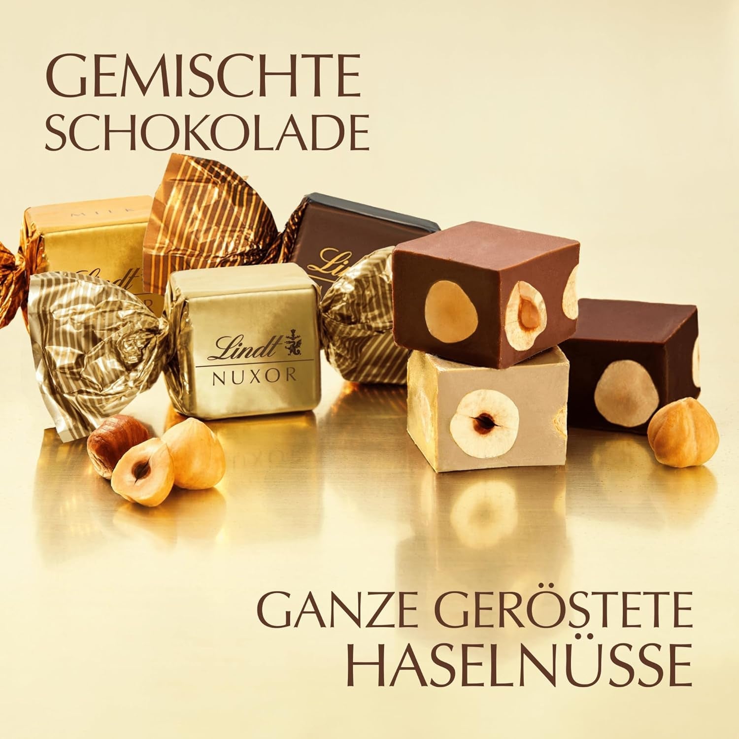 Lindt Chokolade | Bland til pose NUXOR | 103g | Gianduja cremede chokoladeterninger i tre sortimenter med ristede hele hasselnødder | Chokolade gave