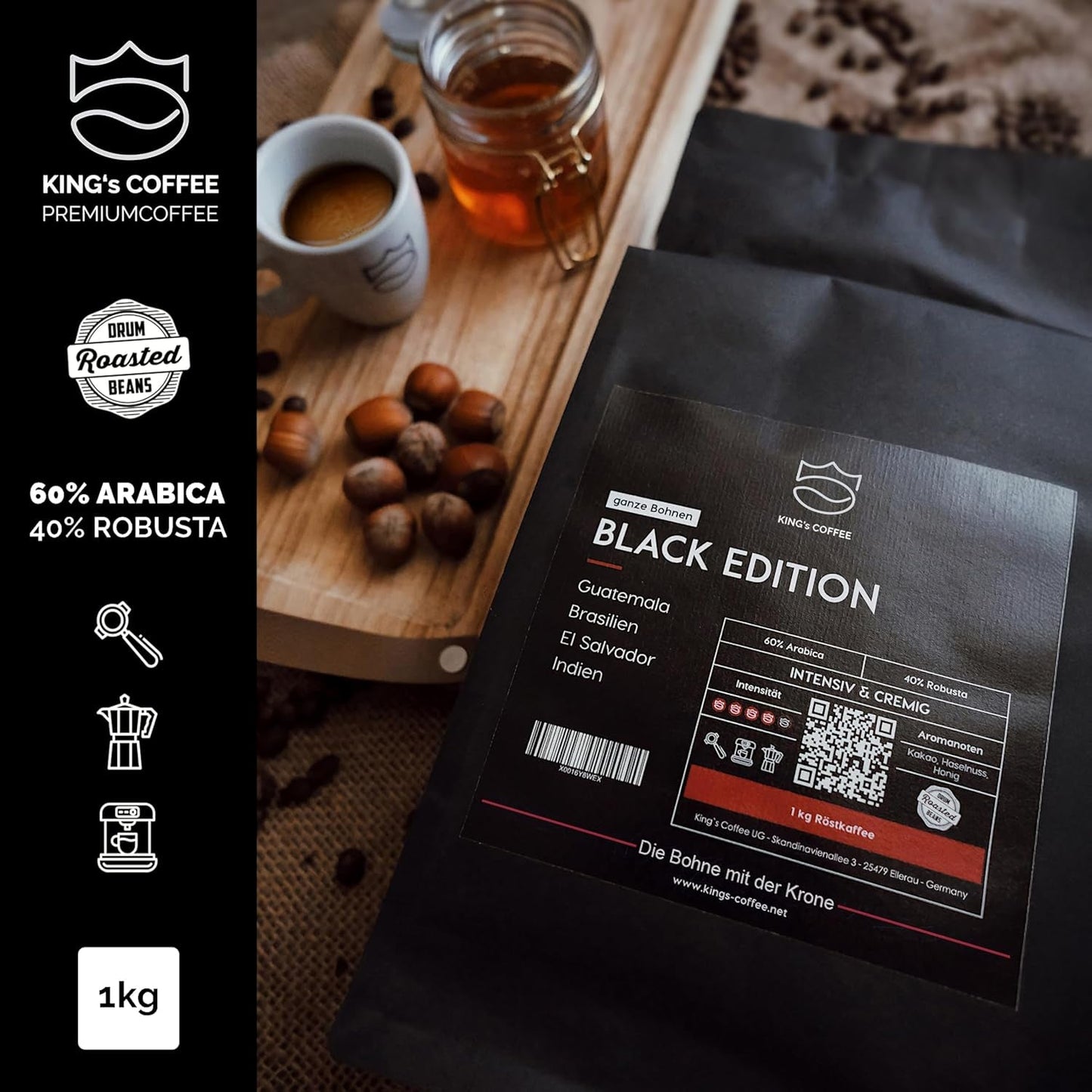 KING'S COFFEE - BLACK EDITION - 1 kg Intense Cream Kaffebønner - Kaffe med lav syreindhold - Small Batch Rist fra Italien - Stærke Arabica Espresso bønner (Blend) til fuldautomatiske og portafiltermaskiner