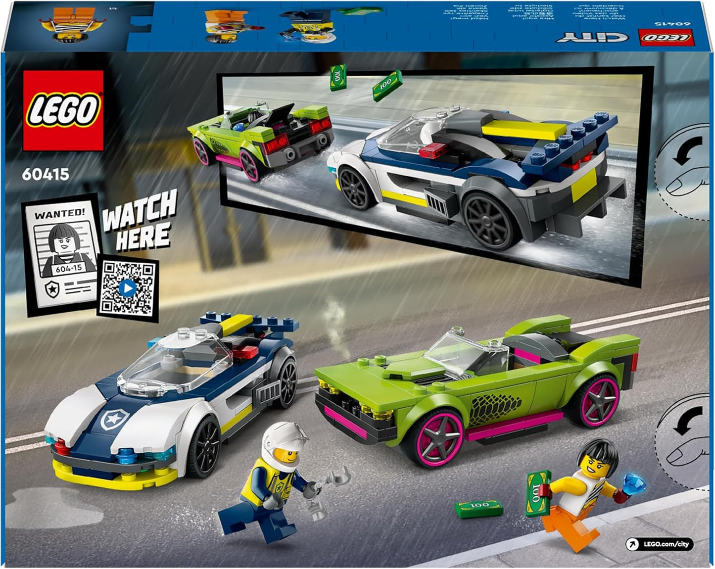 LEGO City Car Chase med politibil og muskelvogn, legetøjstog med 2 racerbiler, politigave til børn, drenge og piger fra 6 år, sæt med politimand og minifigurer Ganovin 60415 Byggesæt Besuche den LEGO-Store