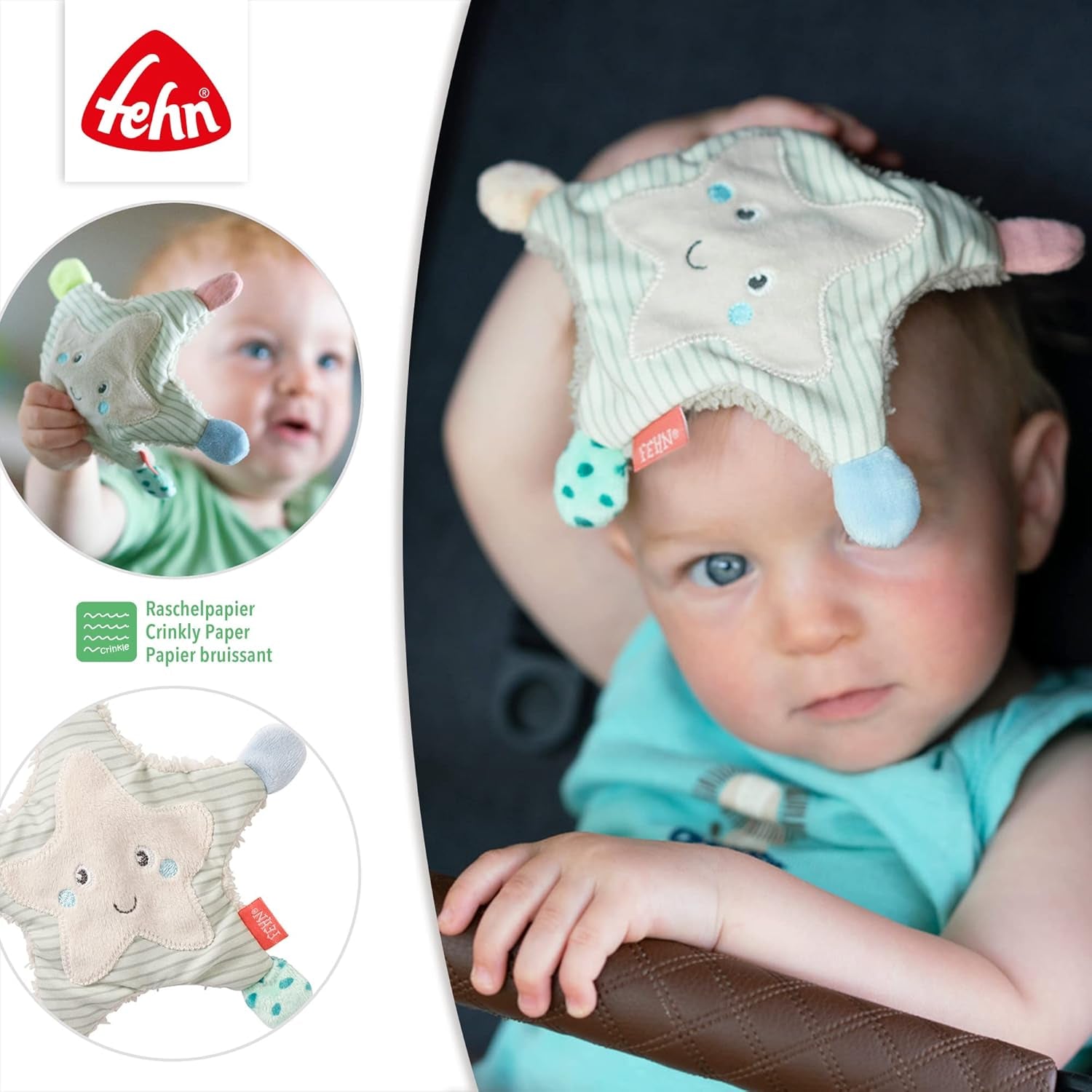 Fehn knitrende søstjerne - babylegetøj til at gribe og lege & knitrende legetøj til babyer og småbørn fra 0+ måneder & SIGIKID 41179 sommerfuglgreb legetøj rød grønne stjerner Babylegetøj Naty Shop