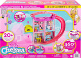 Barbie Chelsea Playhouse - 3 transformerende etager, hemmelige legeområder, elevator, pool, rutsjebane, 2 kæledyr og 20+ tilbehør, til 3+, HHX44