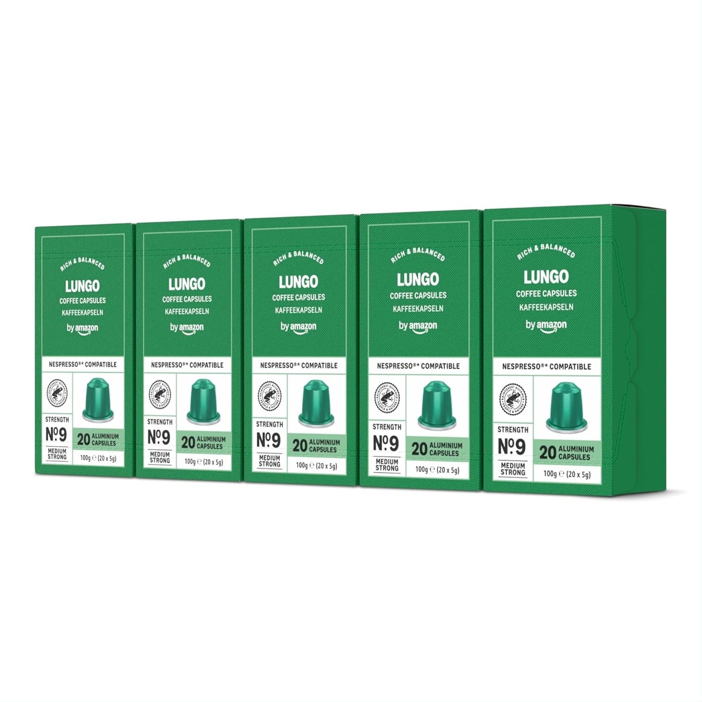 fra Amazon Lungo Aluminium-Kaffeekapseln, kompatibel med Nespresso, mittelgeröstet, 100 Stück (5 Packungen mit je 20 Stück) – Rainforest Alliance zertifiziert