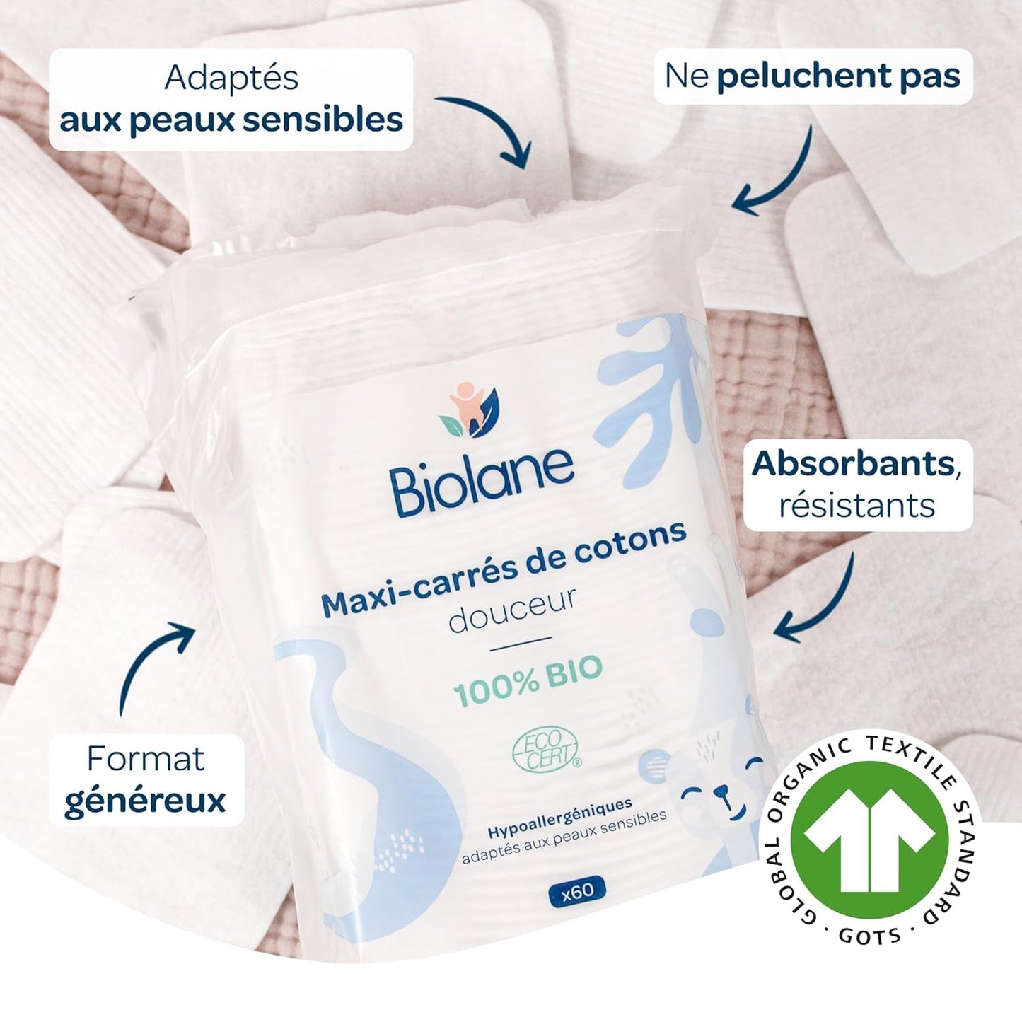 BIOLANE 12 Maxi Squares Wet Pads - Babyer - 100% Økologisk - 720 Bomuld - til følsom hud - Skift og toiletartikler - fra fødslen - lavet i Frankrig