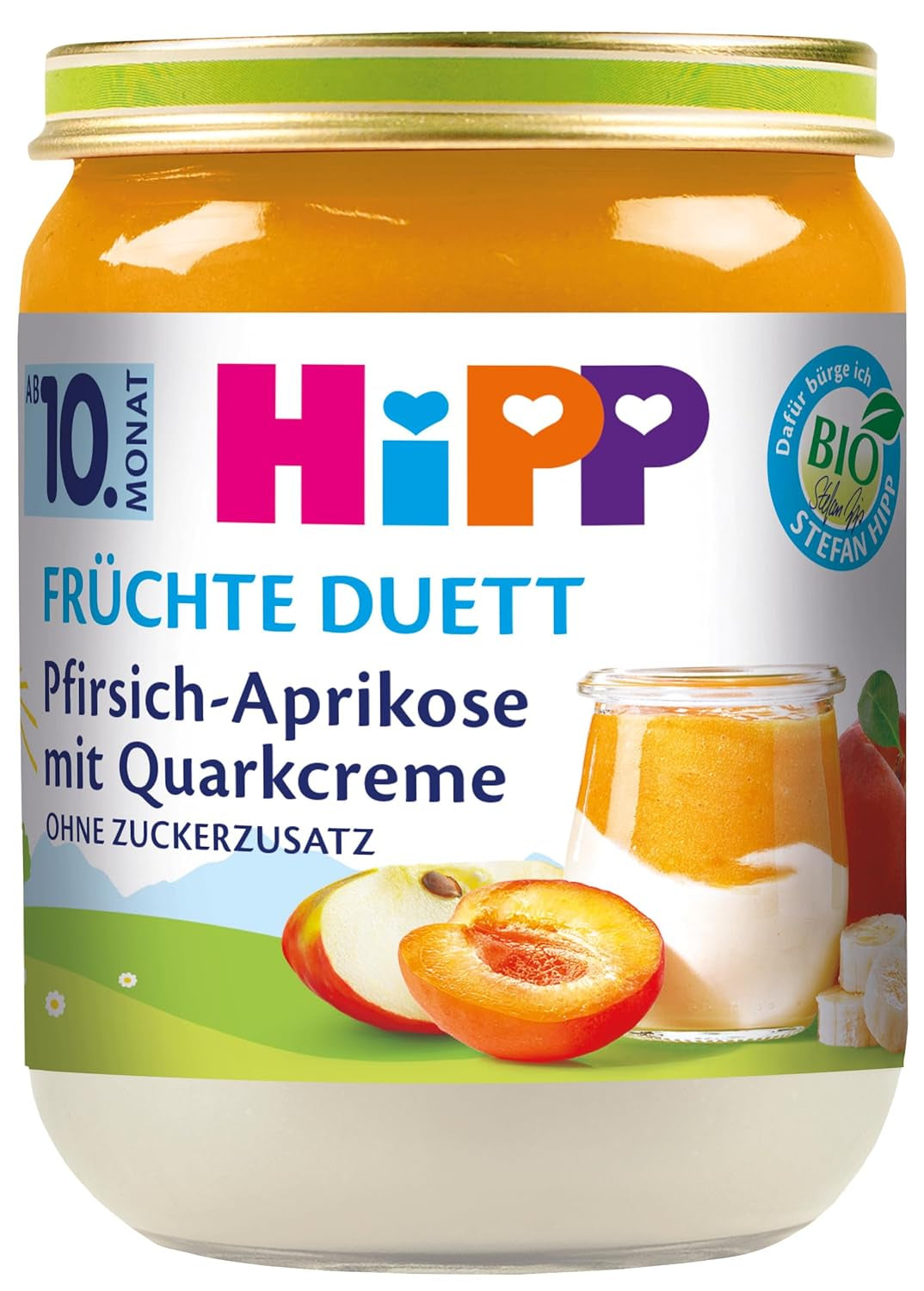 HiPP Fersken-Aprikoser med kvarkcreme, frugtduet fra 10 måneder (6 x 160 g), uden tilsat sukker, glutenfri, bedste økologiske kvalitet