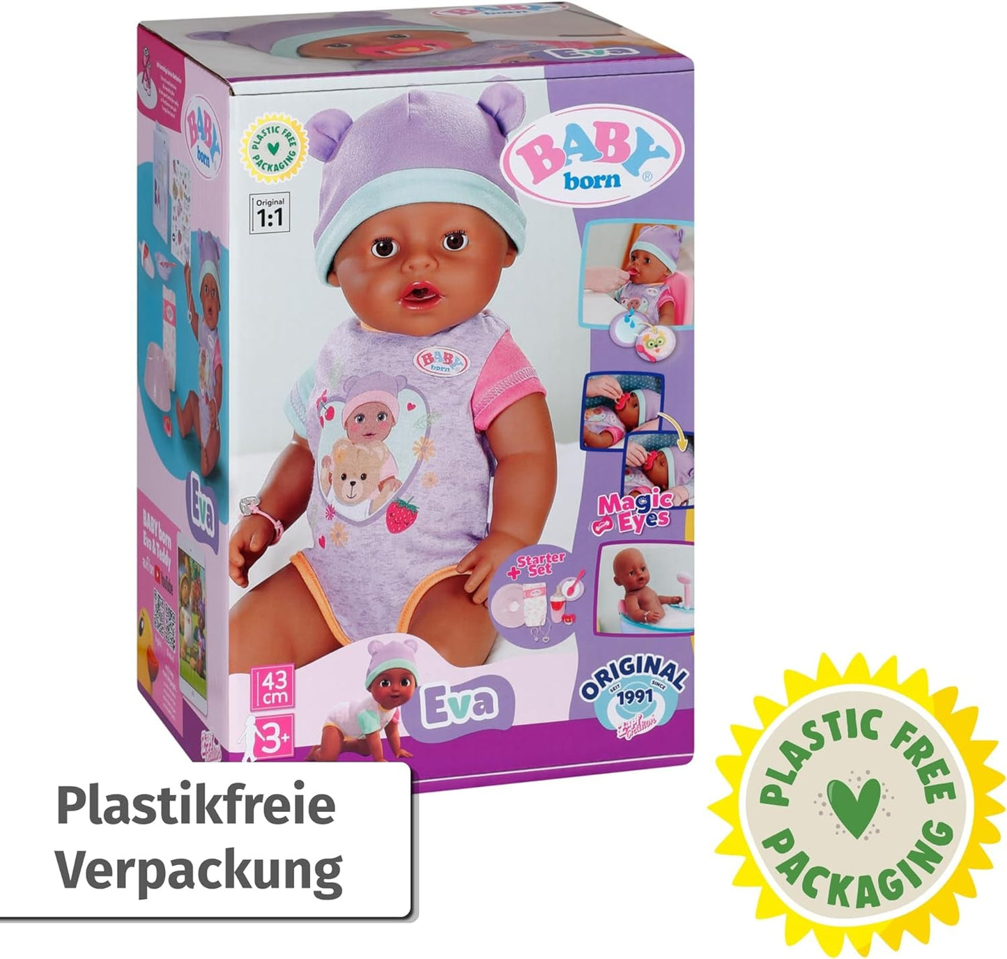 BABY Born Eva 43Cm, dukke med 10 funktioner og tilbehør, til børn fra 3 år, fungerer uden batteri, stor dukke 43Cm, 836408 Zapf Creation Dolls Naty Shop
