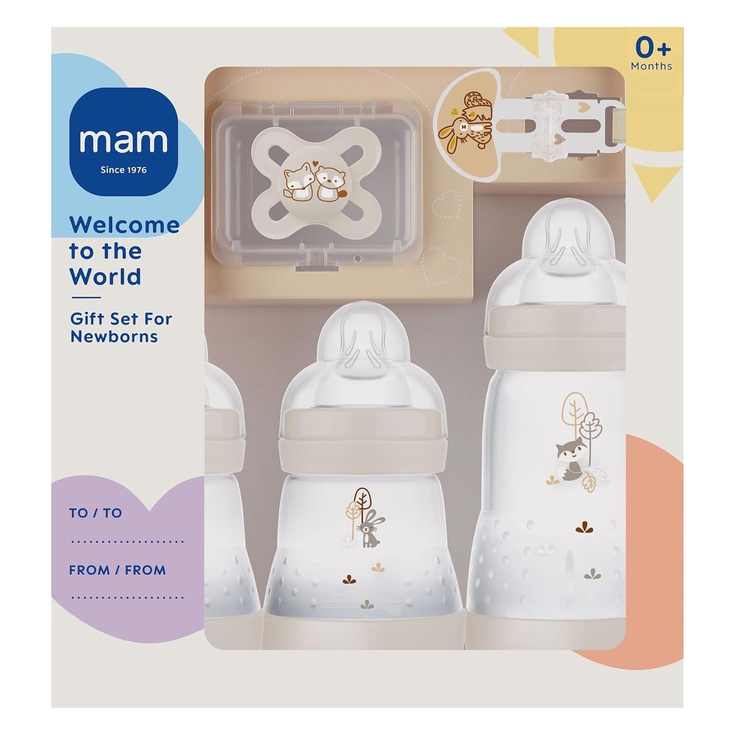 MAM Newborn Sæt, Gavesæt, bestående af: 2 x Anti-kolik flasker 160 ml, 1 x Anti-kolik flaske 260 ml, 1 x Original Start sut, 1 x Broche til sut, fra 0 måneder, Neutro