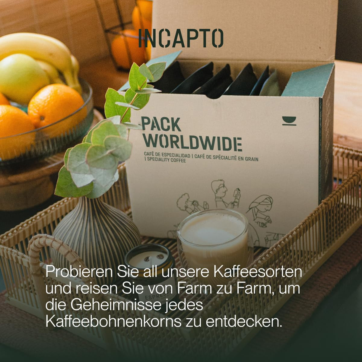 Udvalg af Incapto kaffebønner på verdensplan | Udvalg af 10 oprindelser fra hele verden | Specialkaffe | 100% Arabica | Ideel som kaffegavesæt | For kaffeelskere | 10 pakker x 100 g