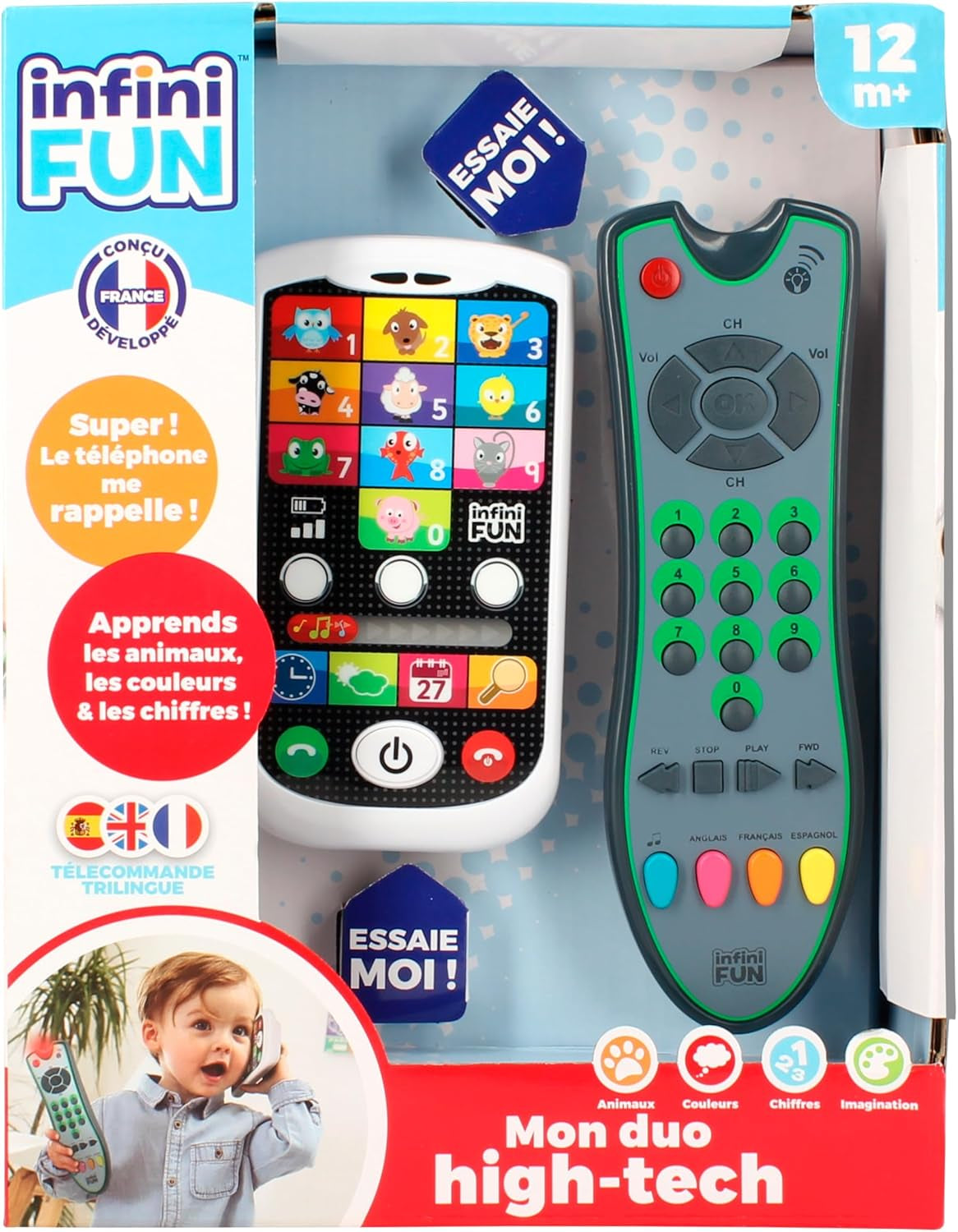 My Duo højteknologisk telefon + fjernbetjening - 1 tresproget fransk/engelsk/spansk fjernbetjening og 1 ultrarealistisk telefon - Multi-aktivitets læringslegetøj fra 12 år gammelt legetøj Bebe Naty Shop