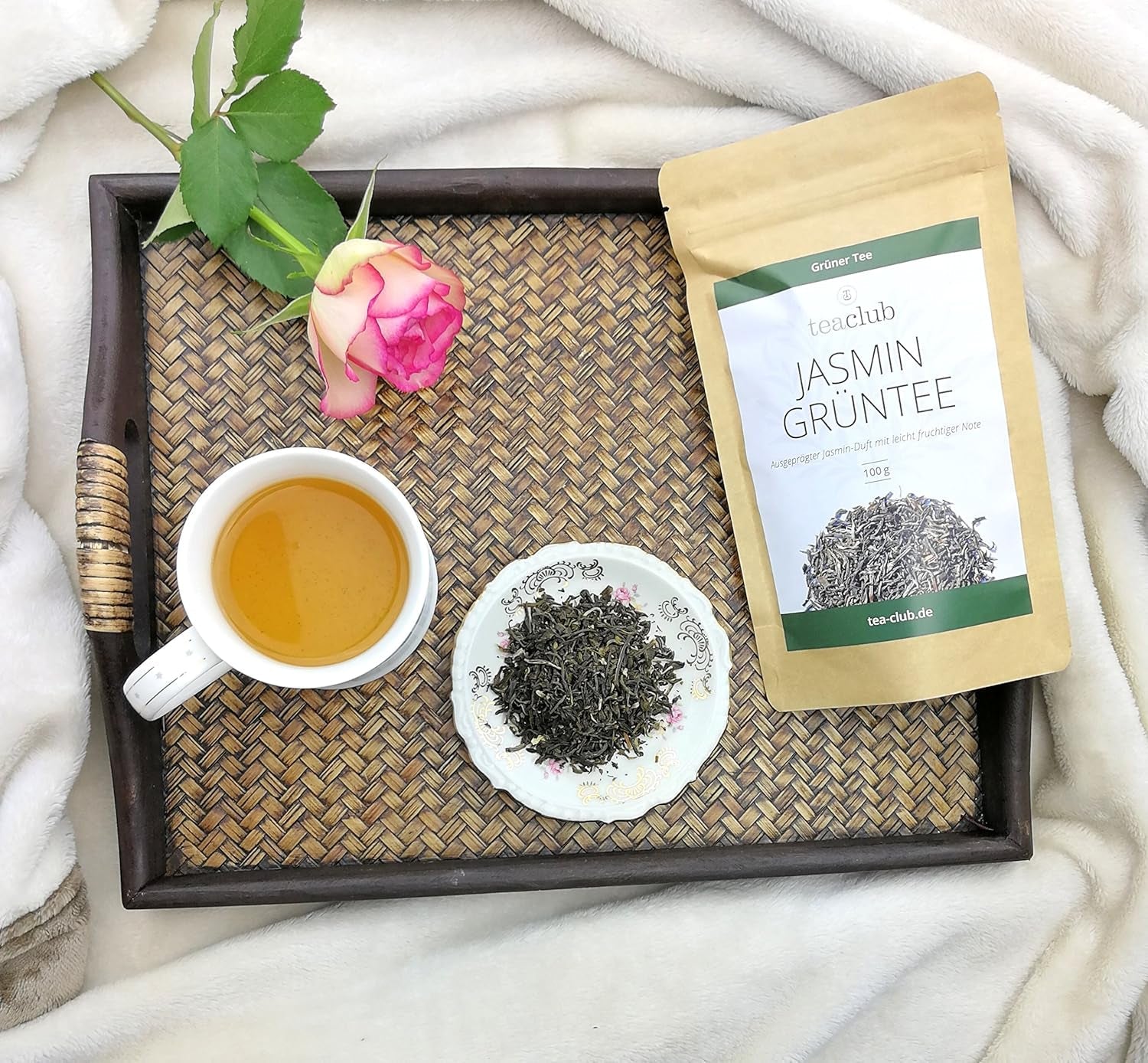 Løs jasminte 100 g, naturligt aromatiseret jasminblomstgrøn te, jasmingrøn te med en udtalt jasminsmag, Teaclub Grøn te