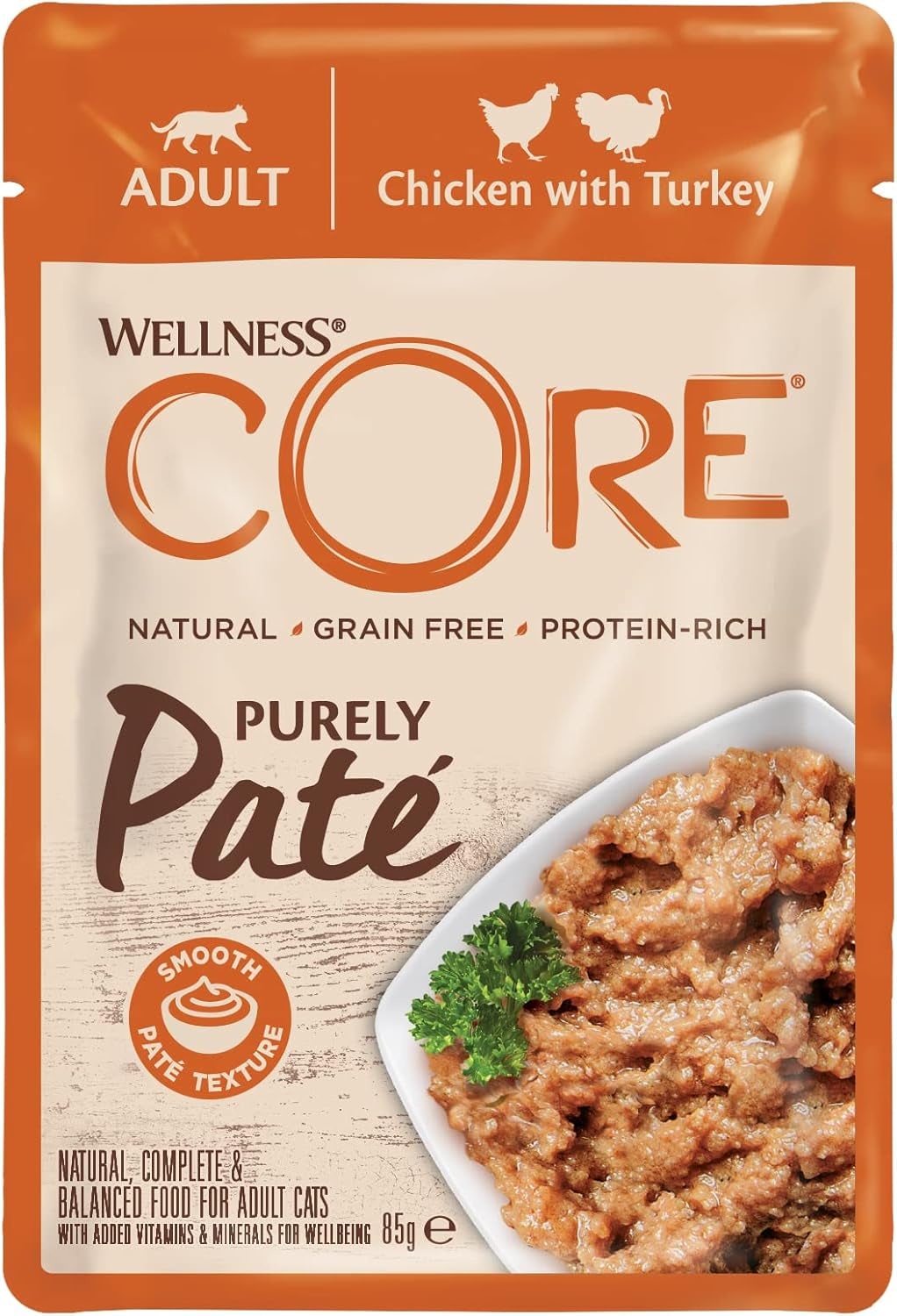 Wellness CORE Purely Paté 24 x 85g, Kylling og Kalkun - Vådfoder til katte, fin paté, kornfri, naturlig, allergivenlig, højt proteinindhold, højt indhold af kød