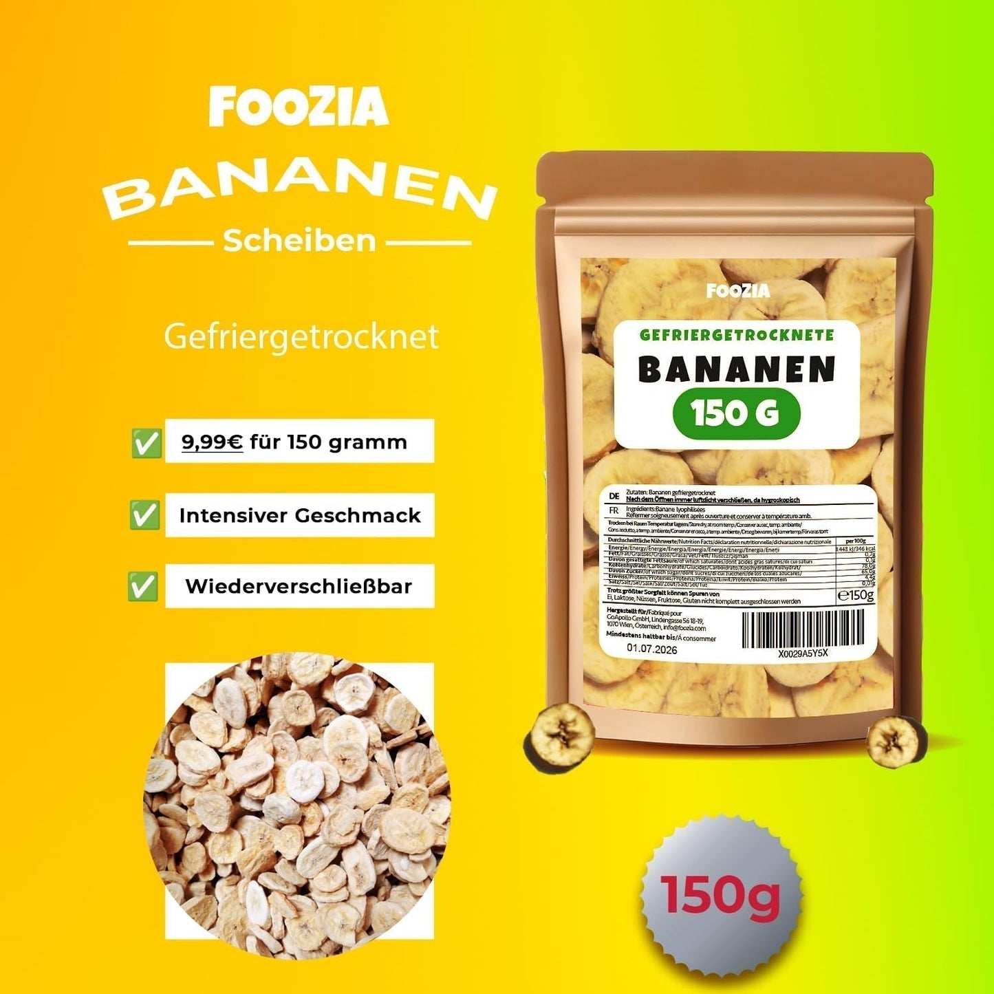 Frysetørrede bananer 150g skiver, Frysetørrede frugter uden tilsætningsstoffer Ren - 100% naturlige tørrede frugter - Tørrede bananer tørrede frugter fra Foozia Dehydrerede produkter Naty Shop