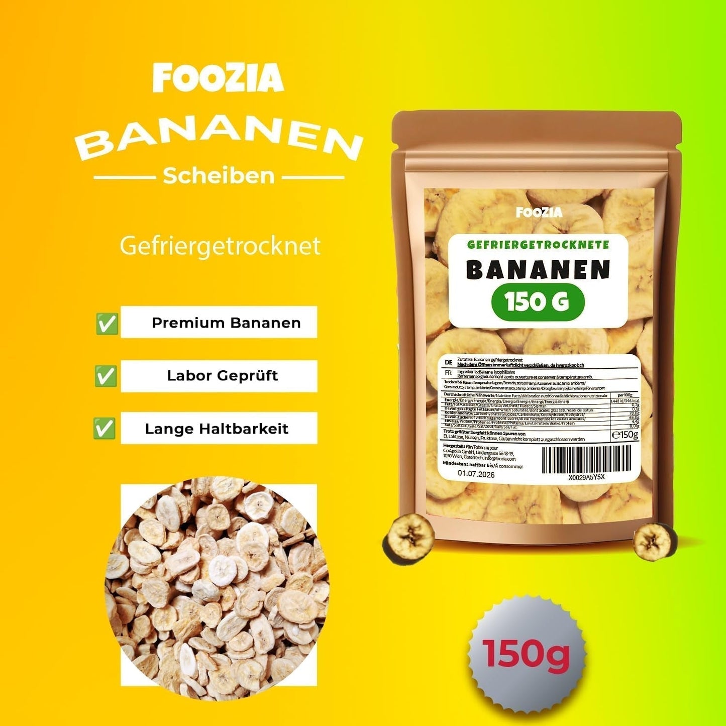 Frysetørrede bananer 150g skiver, Frysetørrede frugter uden tilsætningsstoffer Ren - 100% naturlige tørrede frugter - Tørrede bananer tørrede frugter fra Foozia Dehydrerede produkter Naty Shop
