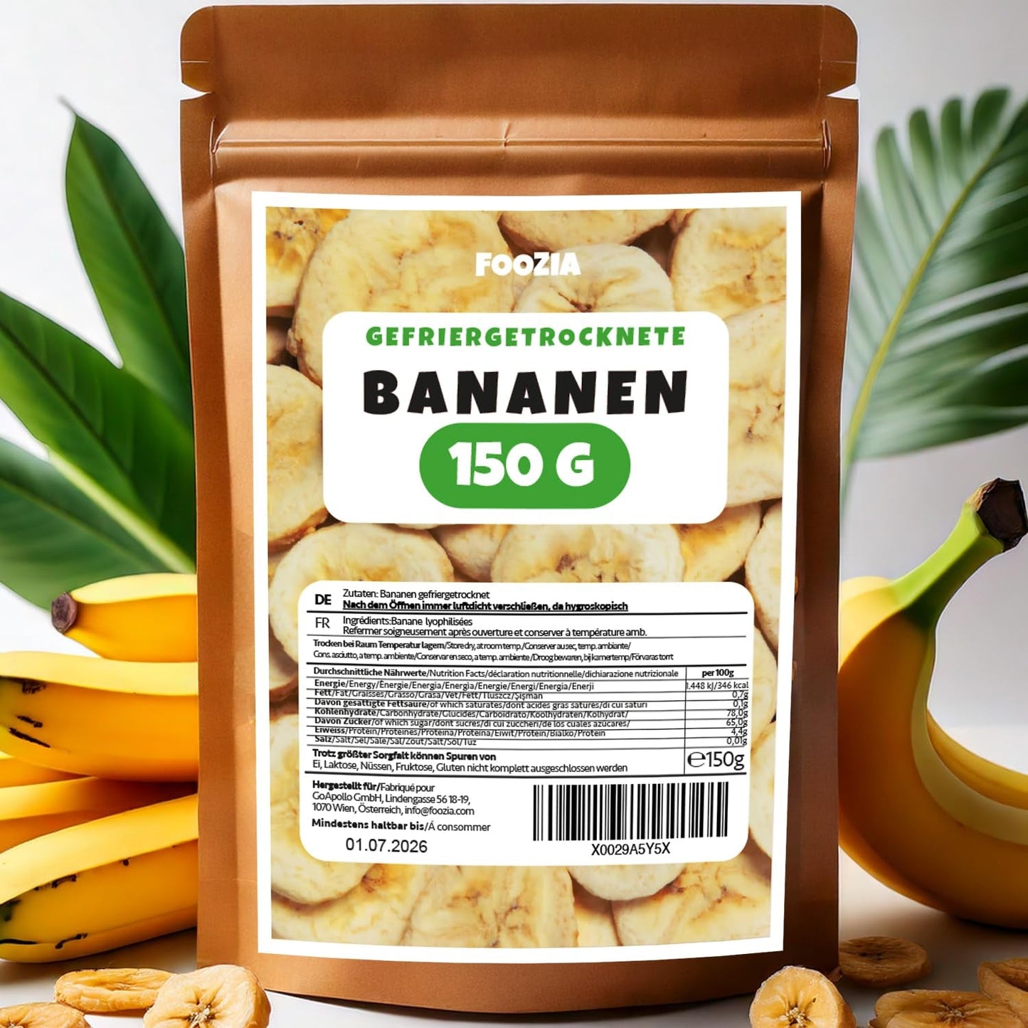 Frysetørrede bananer 150g skiver, Frysetørrede frugter uden tilsætningsstoffer Ren - 100% naturlige tørrede frugter - Tørrede bananer tørrede frugter fra Foozia Dehydrerede produkter Naty Shop 150G