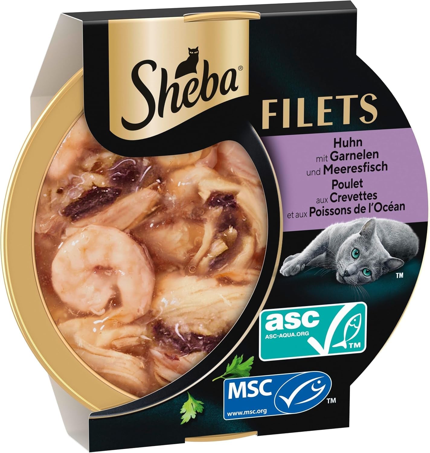 SHEBA-fileter Voksen Katzenfutter i Sauce med Kylling, Hochseefisch og Garnelen 16 x 60 g Shell