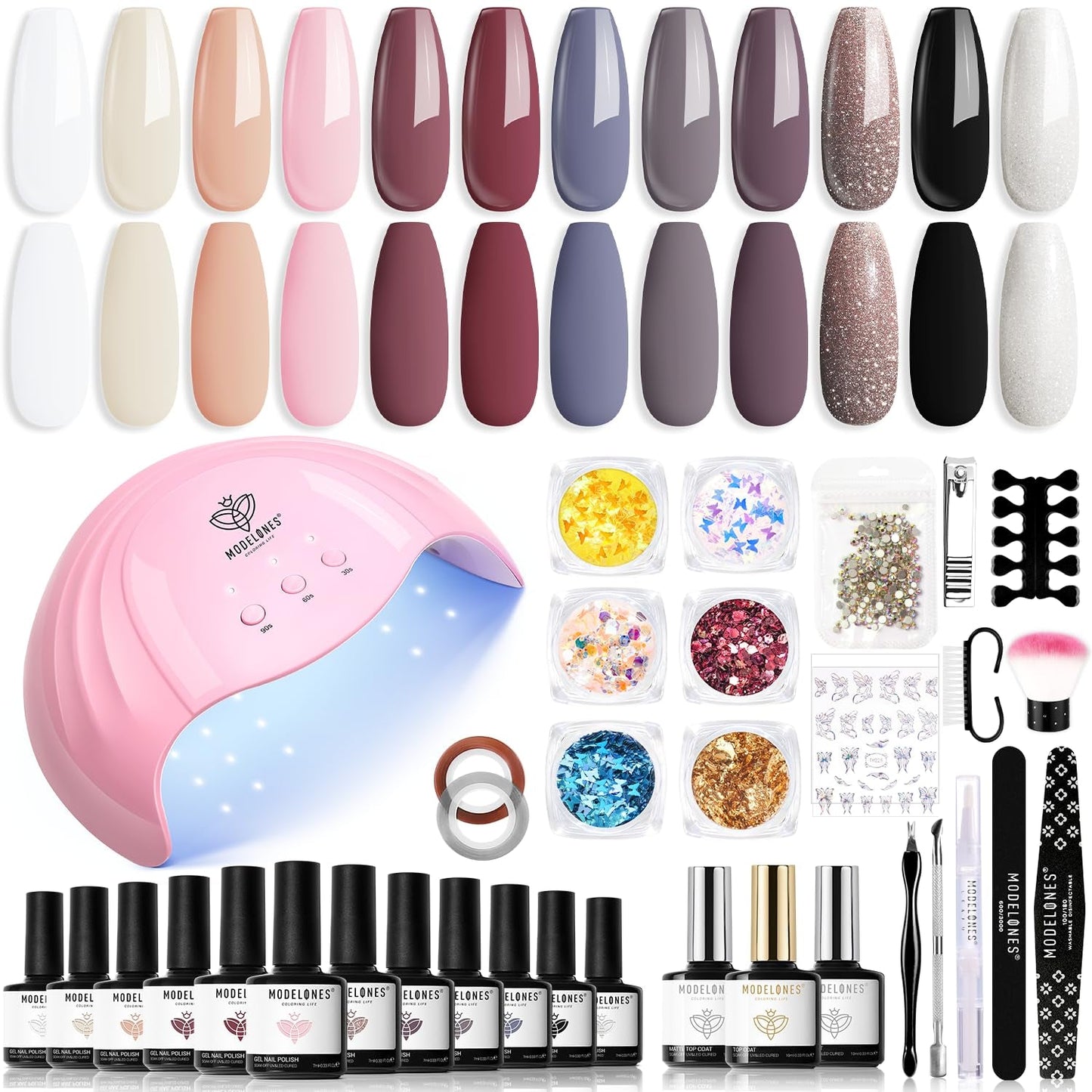 Modelones 35 stk Gel neglelak sæt, UV neglelak sæt med 48W lampe, nøgen brun hvid pink gel neglelak sæt, UV gel negle lak sæt med top coat base negle studio sæt
