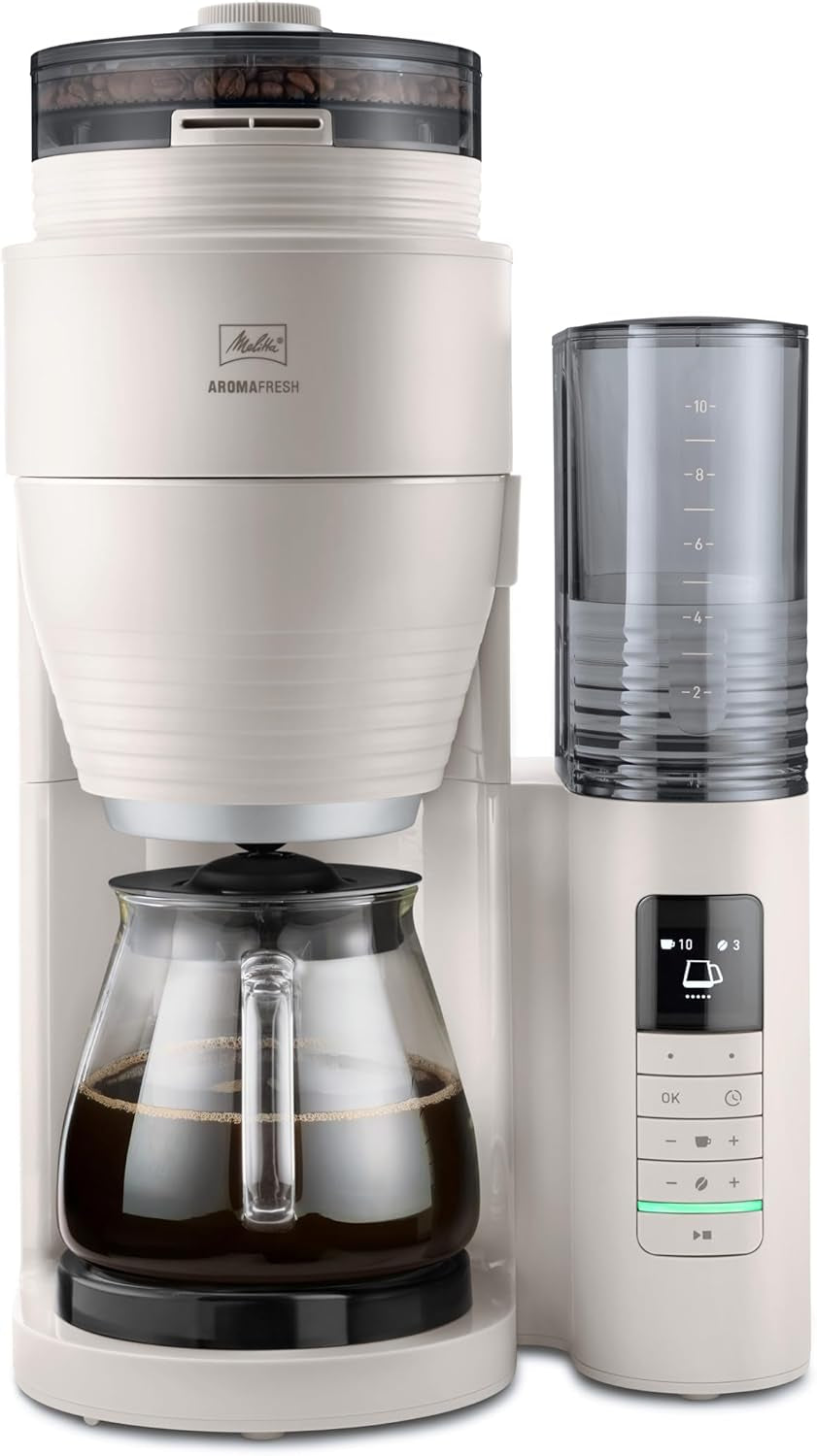 Melitta AromaFresh Therm Pro X - Espressomaskine med filter, integreret kværn, aftagelig vandtank, termokande i rustfrit stål og timerfunktion, til op til 8 kopper kaffe, sort/sølv