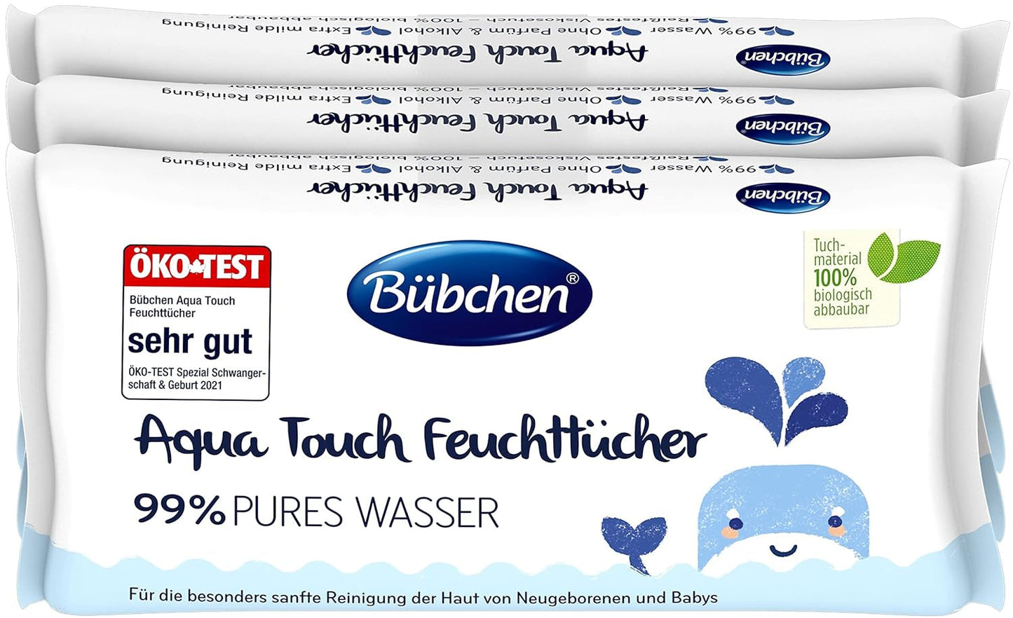 Bübchen Aqua Touch Baby vådservietter 144 stykker (3 x 48) - følsomme hudplejeservietter med 99 % rent vand, vådservietter til nyfødte og babyer