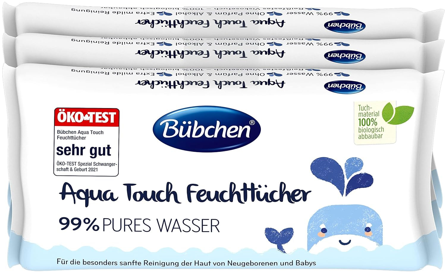 Bübchen Aqua Touch Baby vådservietter 144 stykker (3 x 48) - følsomme hudplejeservietter med 99 % rent vand, vådservietter til nyfødte og babyer