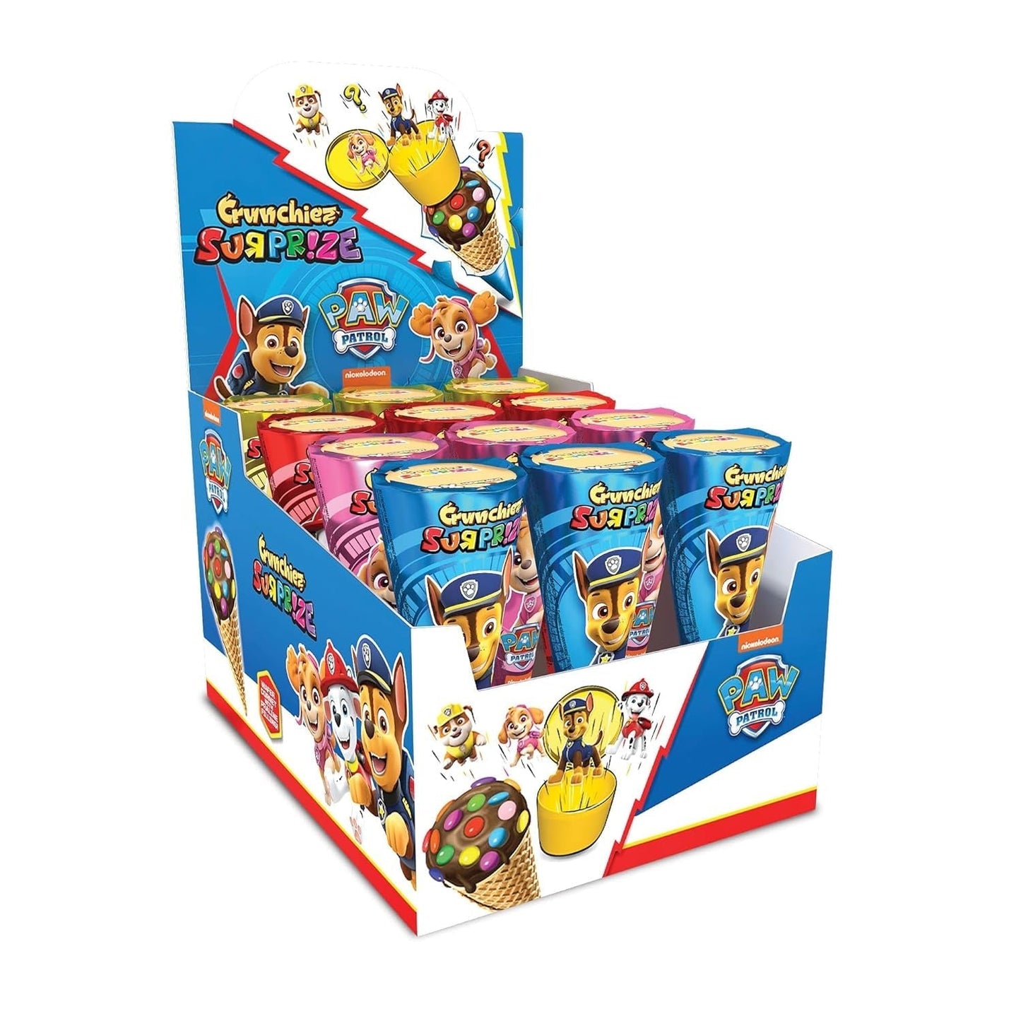 Crunchiez Surprise PAW PATROL, chokoladehasselnøddefyldt iskegle med en højkvalitets overraskelse, 12 x 25g bakke