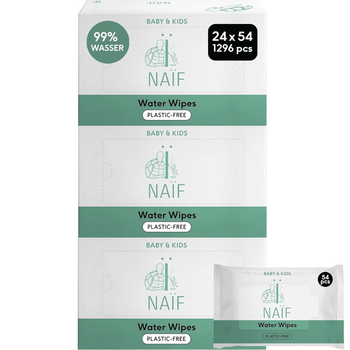 Naïf - Plastfri vådservietter - 1296 stykker (24 x 54 vådservietter) - Babybund, krops- og ansigtspleje - 99 % vand - 0 % duft og alkohol
