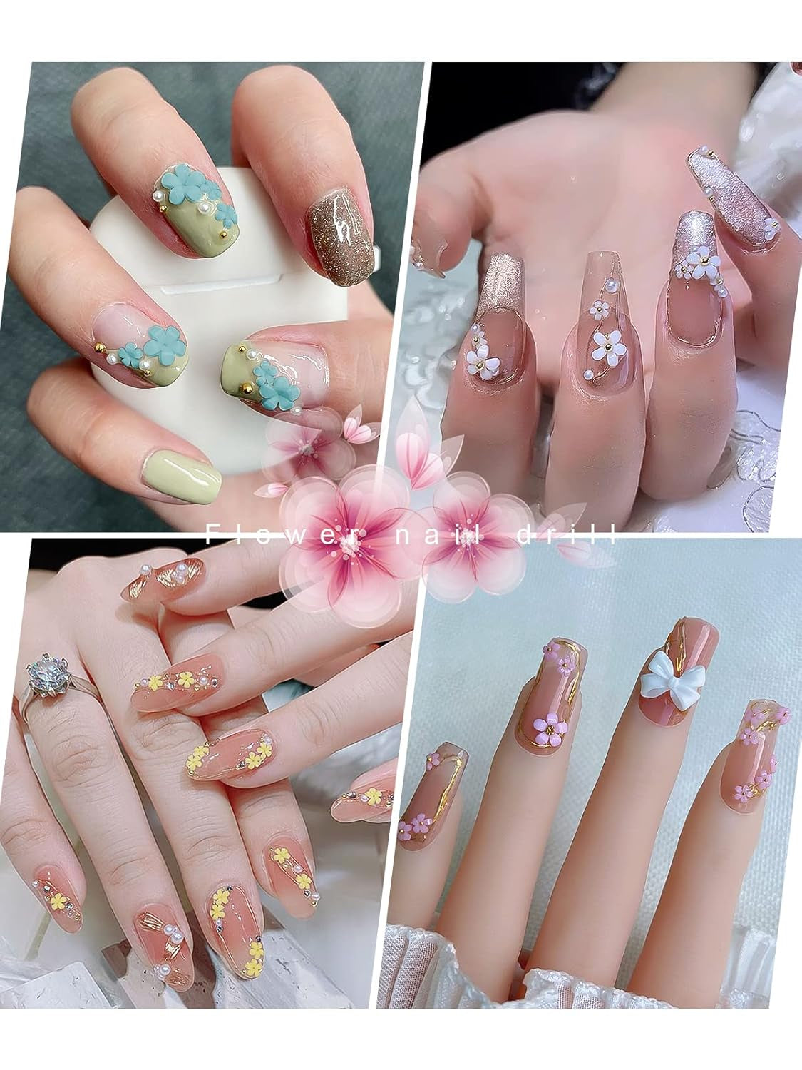 Kalolary Flowers Nail Art Charms, 3D Akryl Blomster til negle Fem kronblade Blomsterdekorationer Negle Gems Rhinsten Blandede metalperler til DIY Nail Art Design Smykkefremstilling (2 æsker)