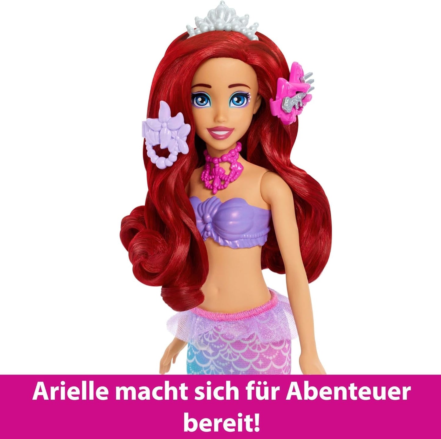 Mattel Disney Princess Legetøj, Havfrue Ariel modedukke med aftagelig halefinne, toiletbord med 5 gentagelige pop-up overraskelser og 5 tilbehør, JBF86