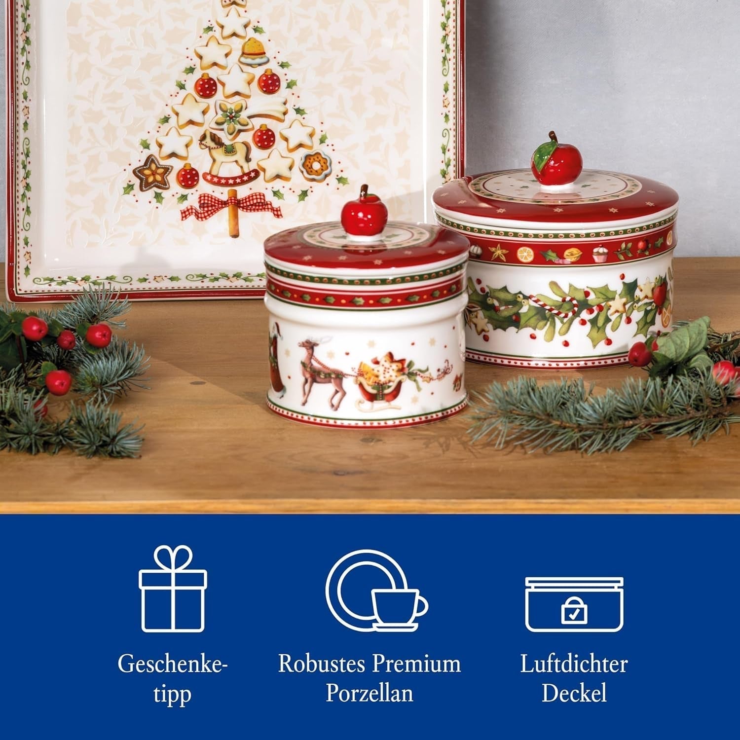 Villeroy & Boch - Winter Bakery Delight Lille opbevaringsboks, keramisk julekageæske, juleæske, småkagedåse, småkagedåse, keramisk æske med låg, slikopbevaring, premium porcelæns madopbevaringsbokse Naty Shop