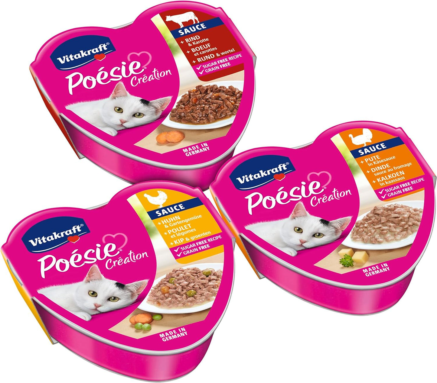 Vitakraft Poésie Création, Tender Selection, Våd kattefoder, Våd kattefoder i sauce, med kylling, med kalkun, med oksekød, uden tilsat sukker og korn (1 pakke á 6 x 85g)